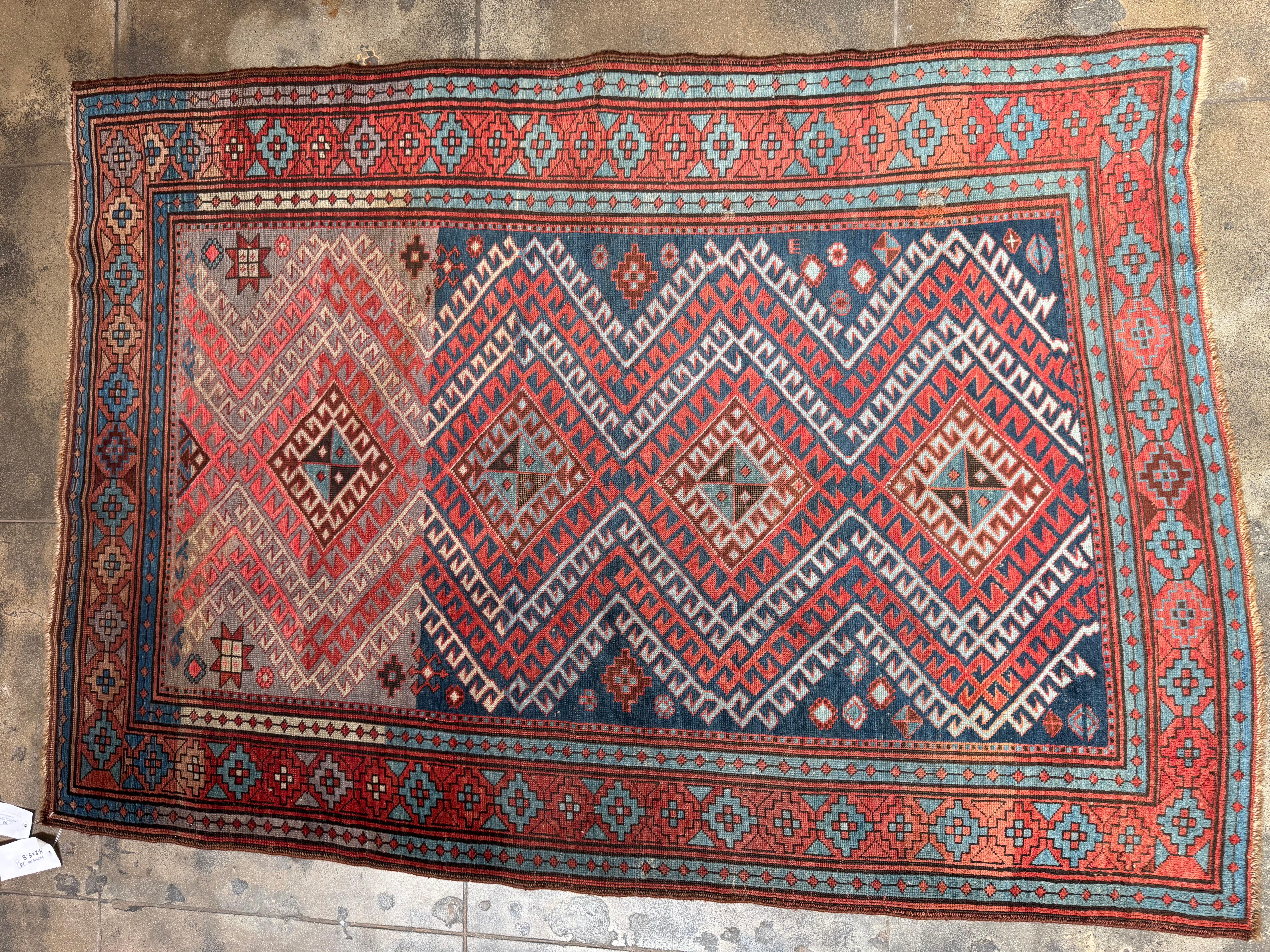 Azerbaijani Vintage Kazak Rug With Diamond Medallions and Geometric Border – 5'8