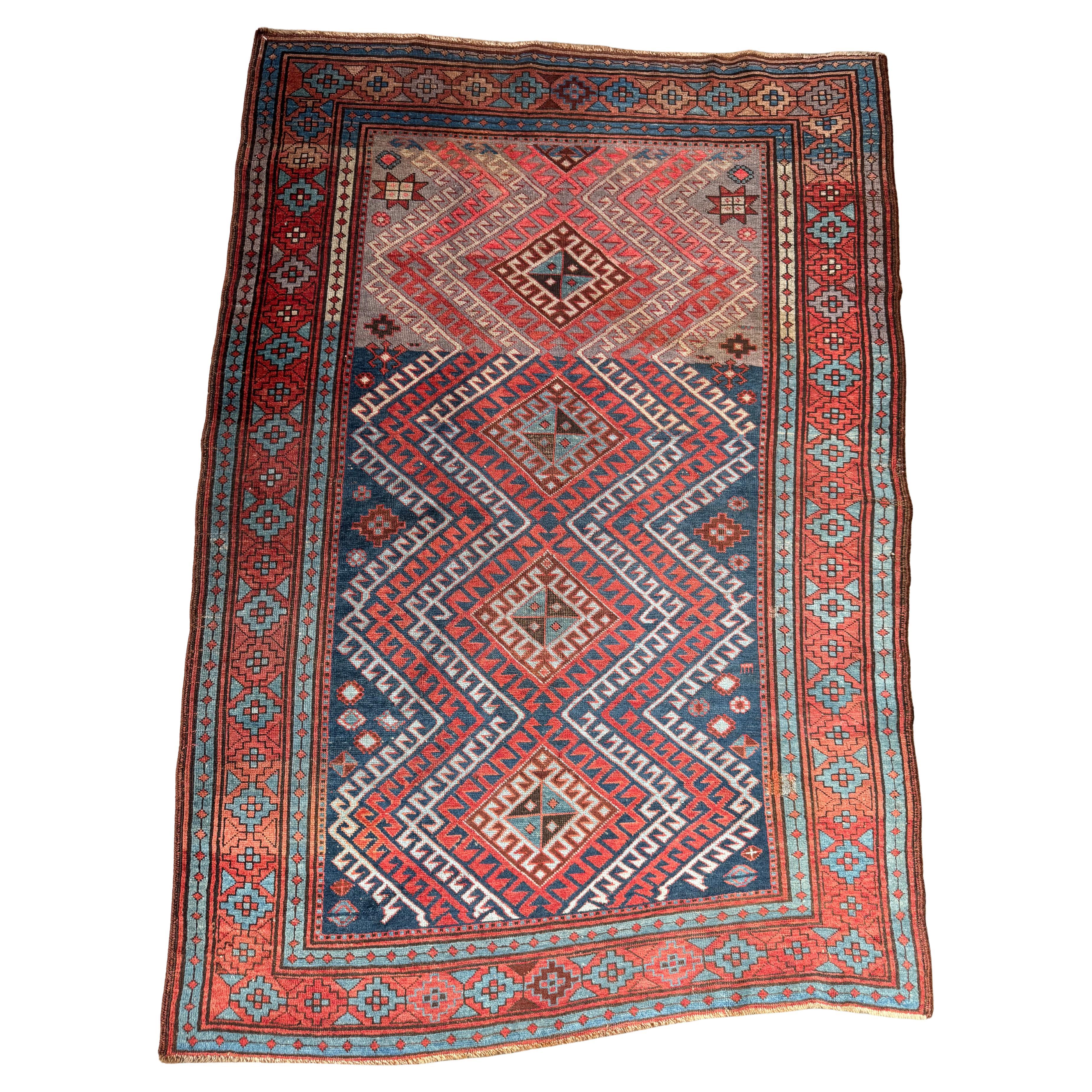 Vintage Kazak Rug With Diamond Medallions and Geometric Border – 5'8" X 4'2" For Sale