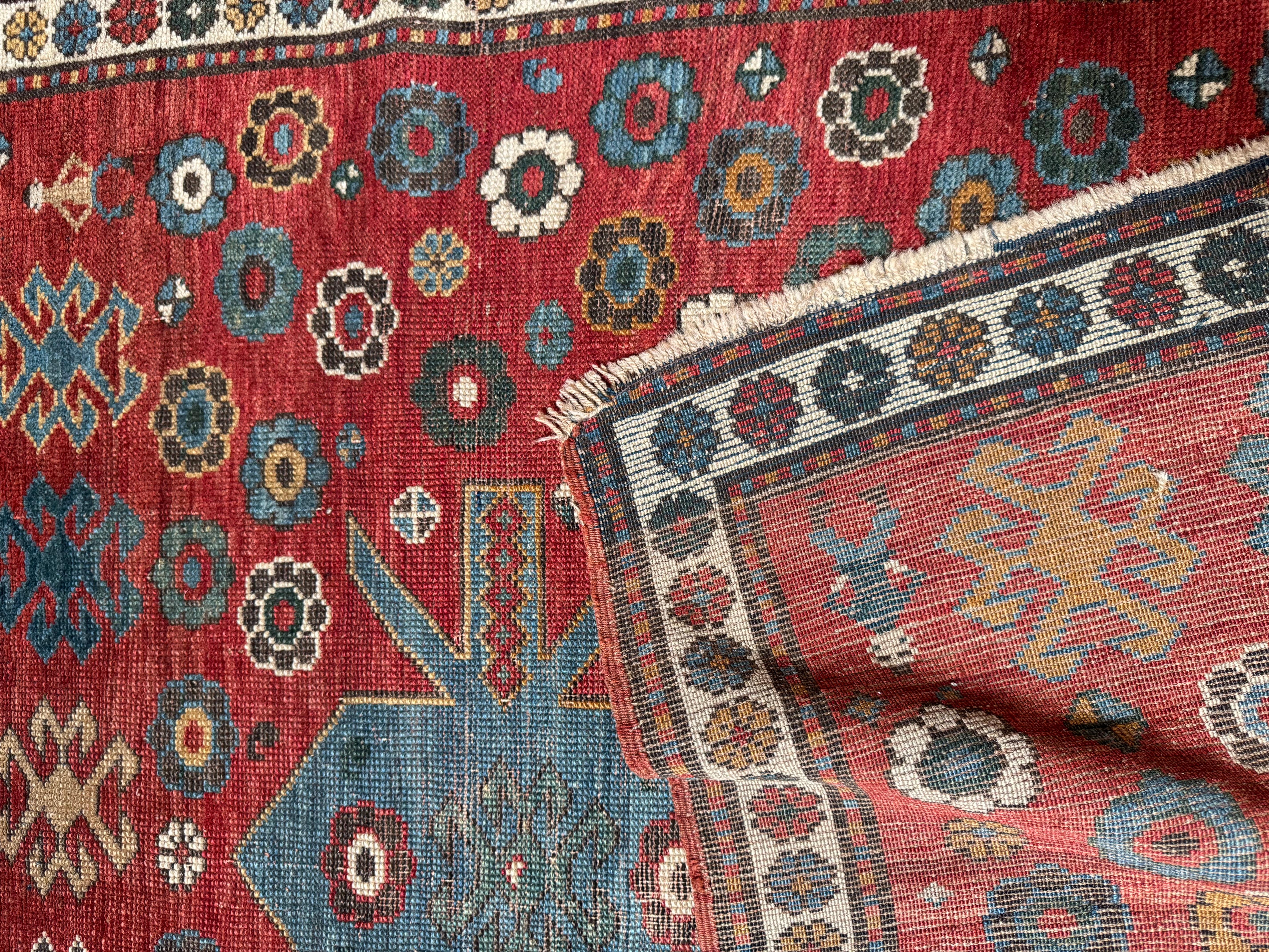 Mid-Century Modern Vintage Kazak Rug With Floral Rosettes and Tribal Medallions – 5'7