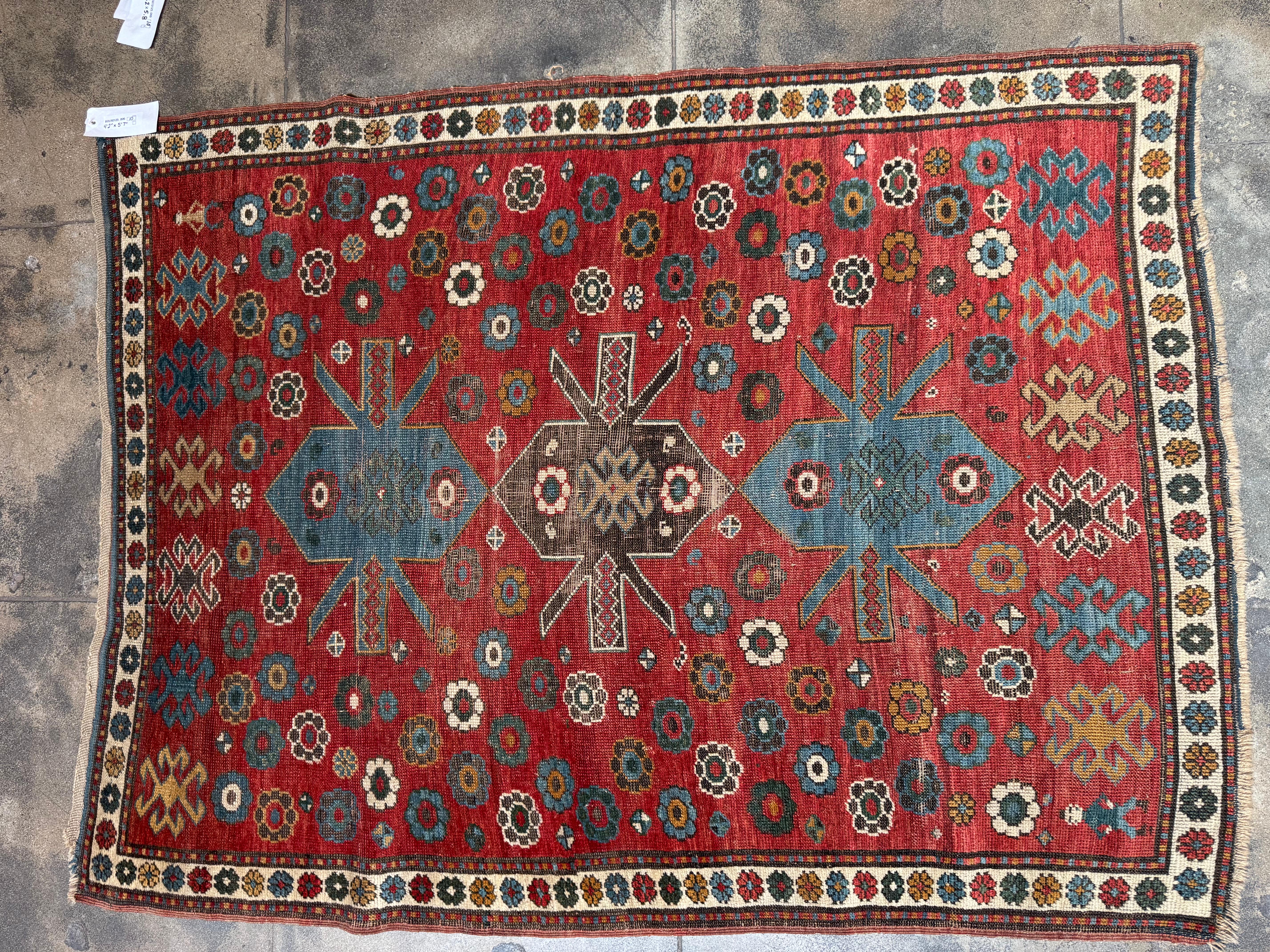 Azerbaijani Vintage Kazak Rug With Floral Rosettes and Tribal Medallions – 5'7