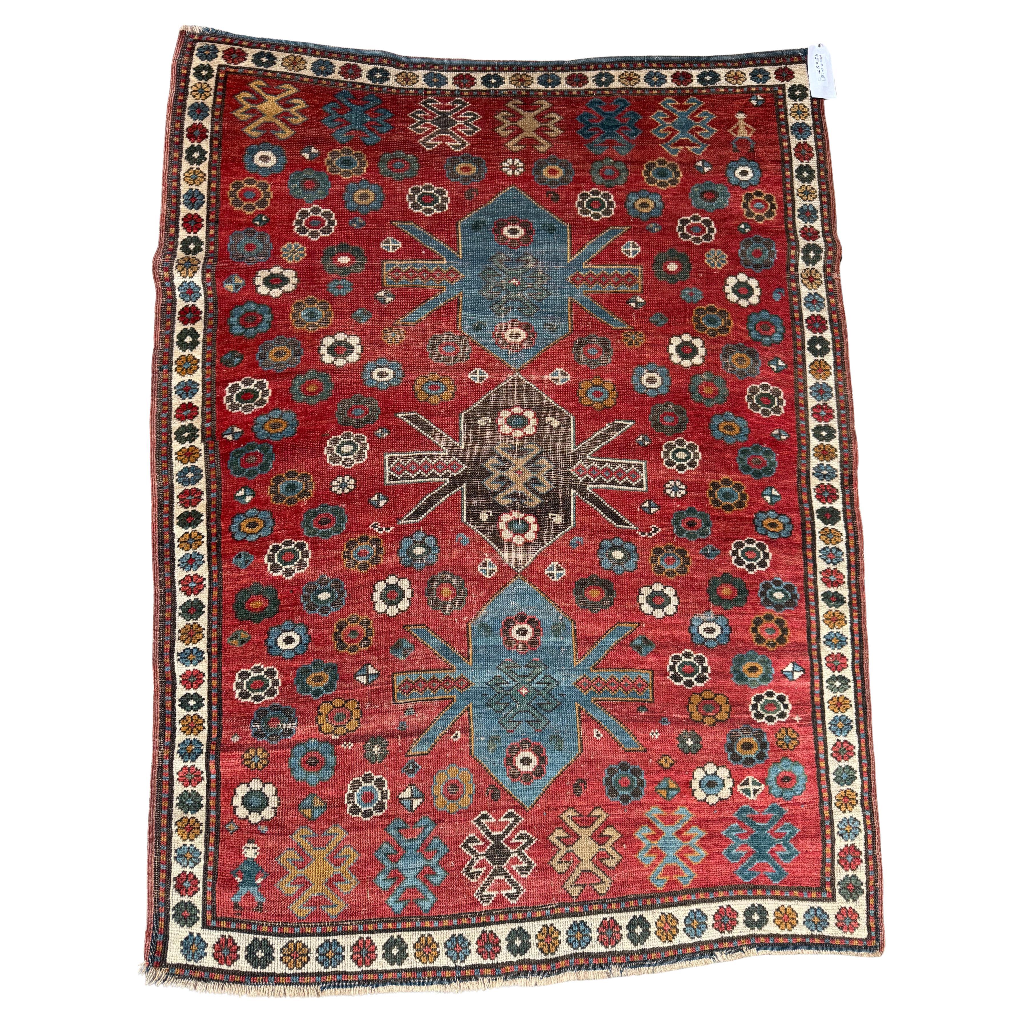 Vintage Kazak Rug With Floral Rosettes and Tribal Medallions – 5'7" X 4'2"