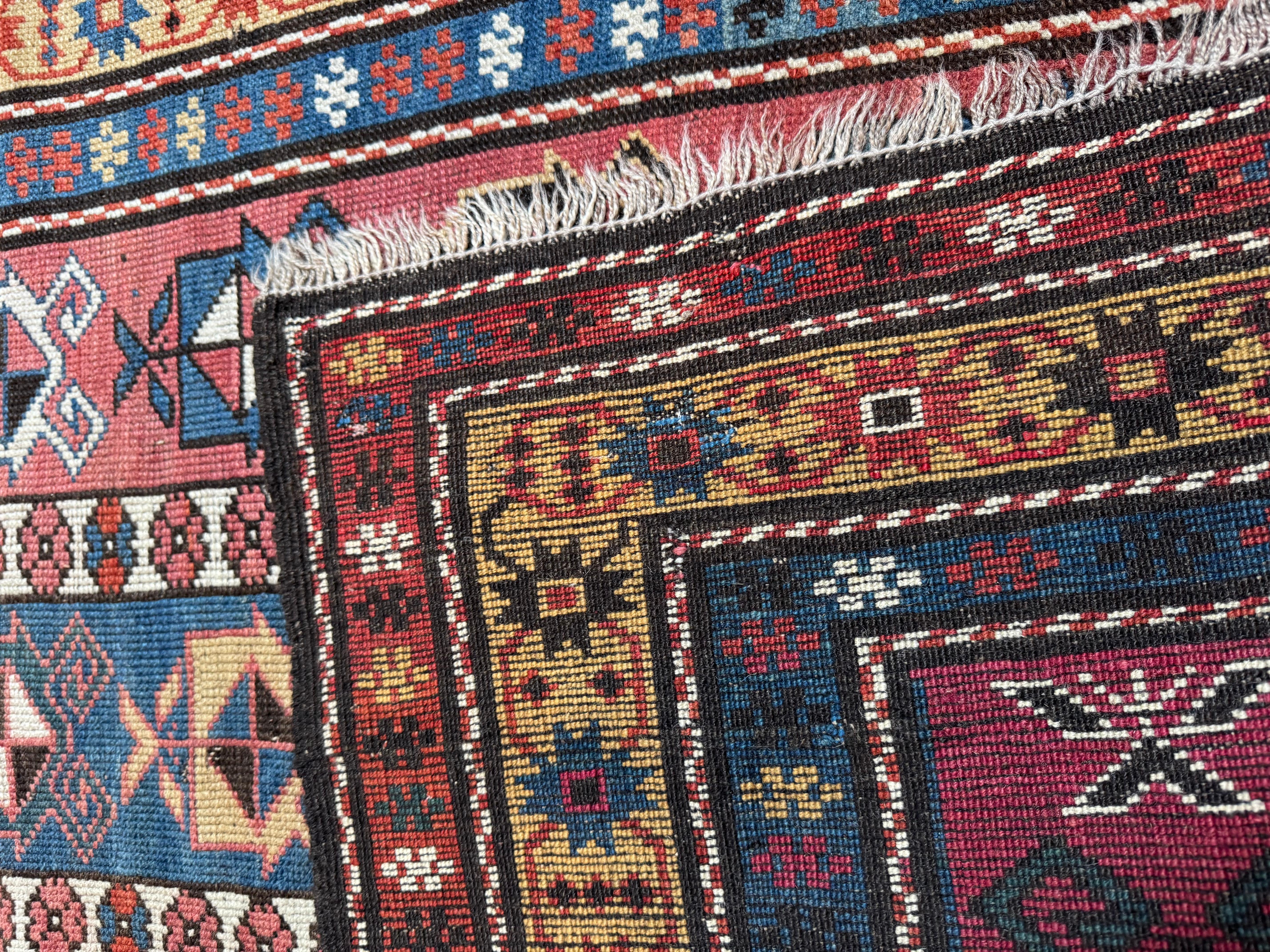 Mid-Century Modern Vintage Kazak Rug With Geometric Tribal Motifs in Red and Blue – 6' X 3'7
