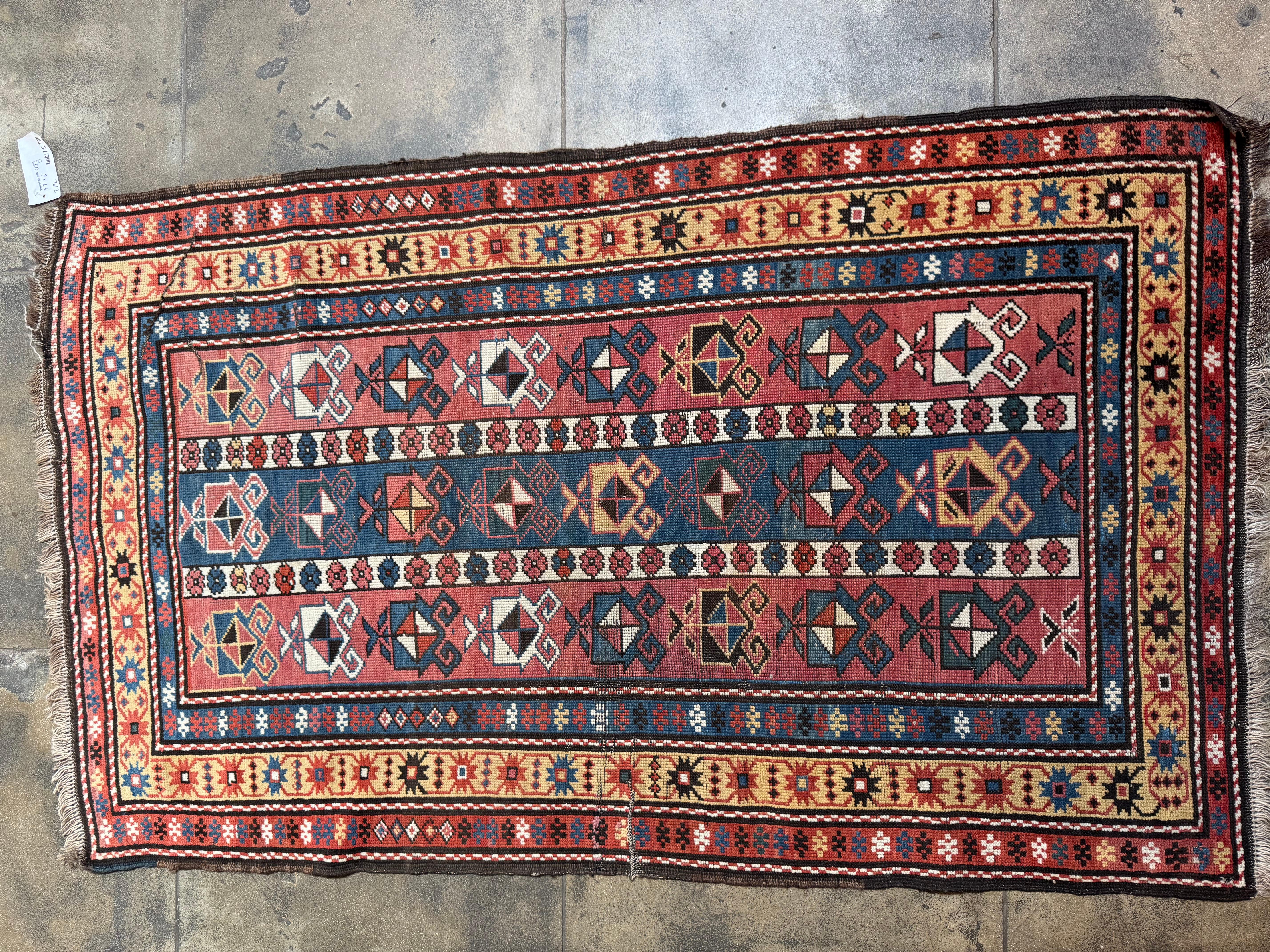 Azerbaijani Vintage Kazak Rug With Geometric Tribal Motifs in Red and Blue – 6' X 3'7