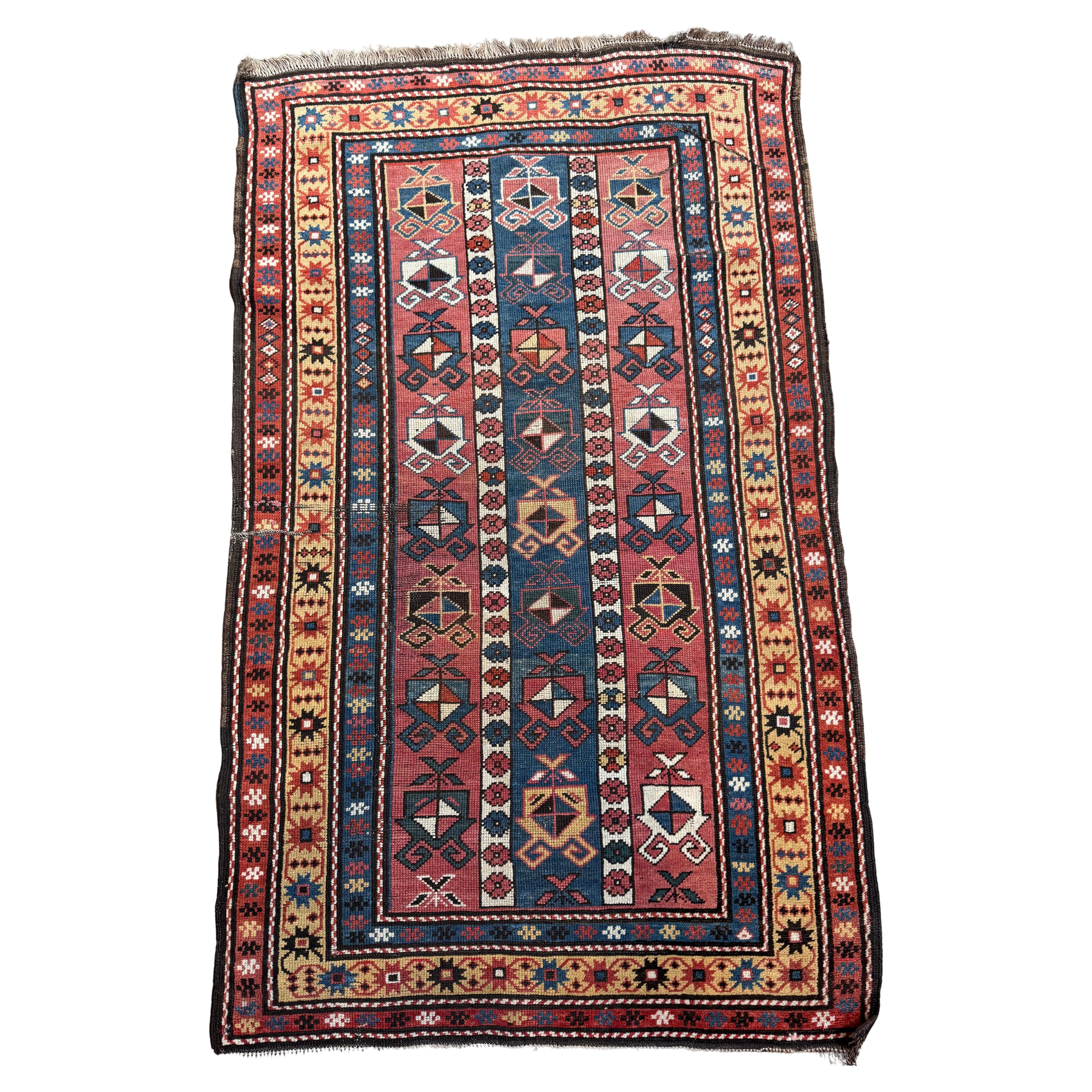 Vintage Kazak Rug With Geometric Tribal Motifs in Red and Blue – 6' X 3'7"