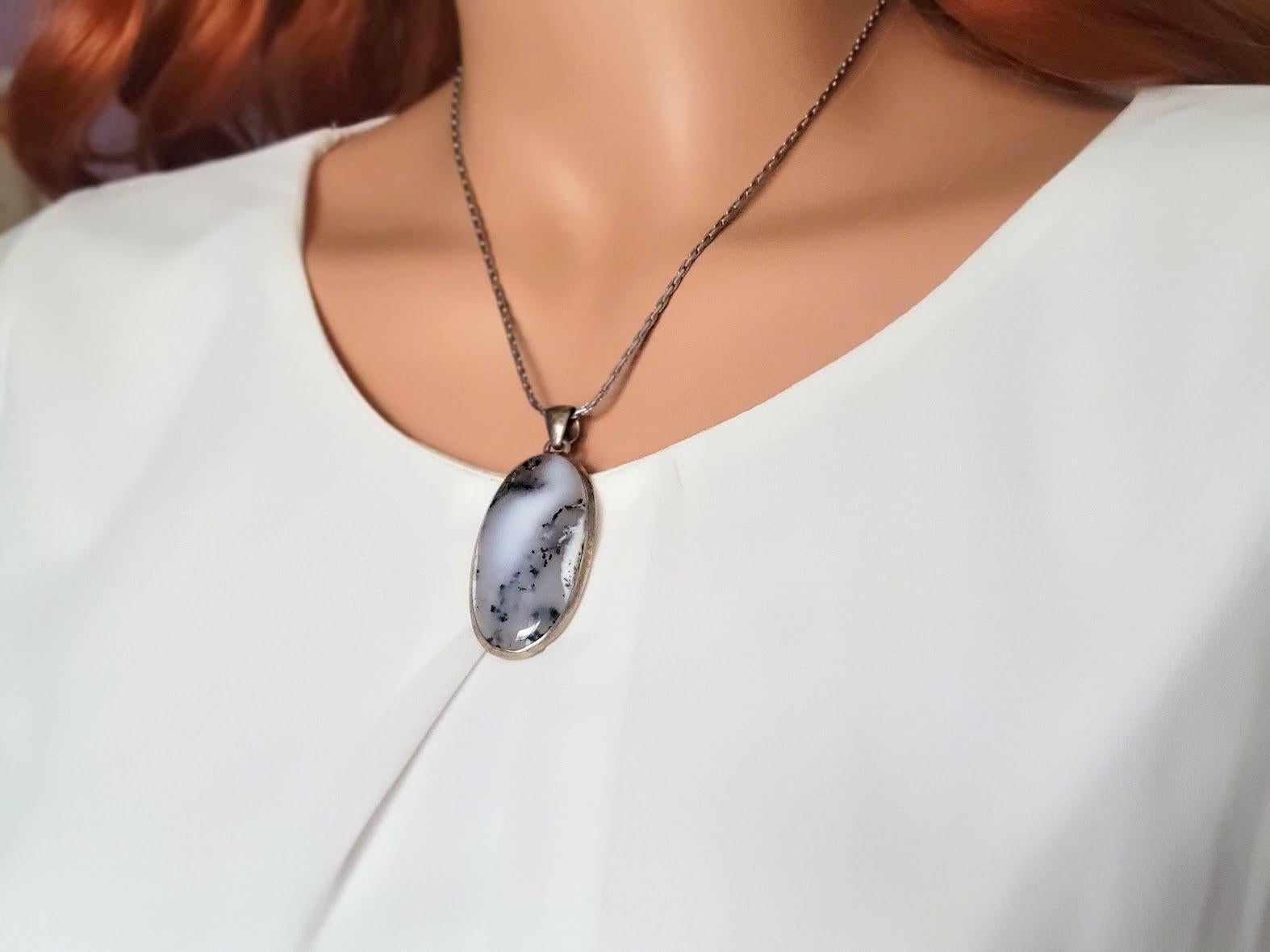 Cabochon Ciondolo d'argento vintage in agata dendritica del Kazakistan in vendita