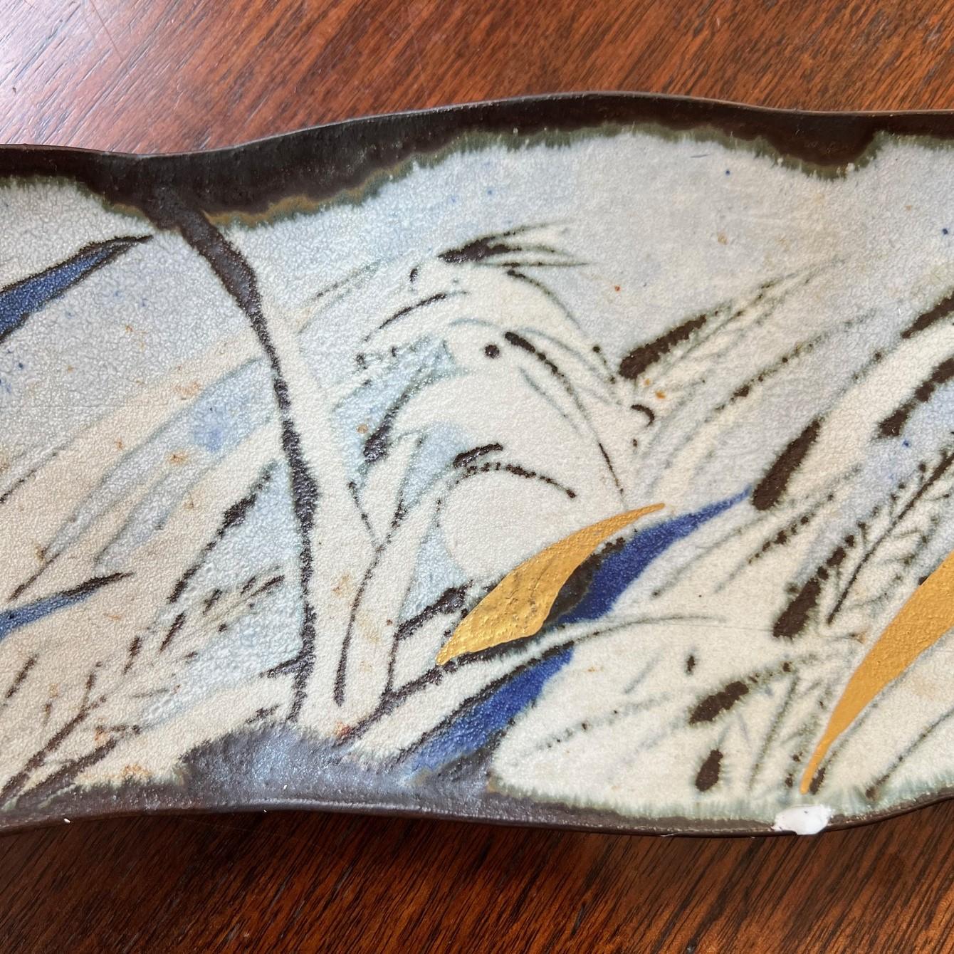 Glazed Vintage Kazu Yoneda (1949-) Japanese Ceramic Tray Painted Blue, Black and Gold For Sale