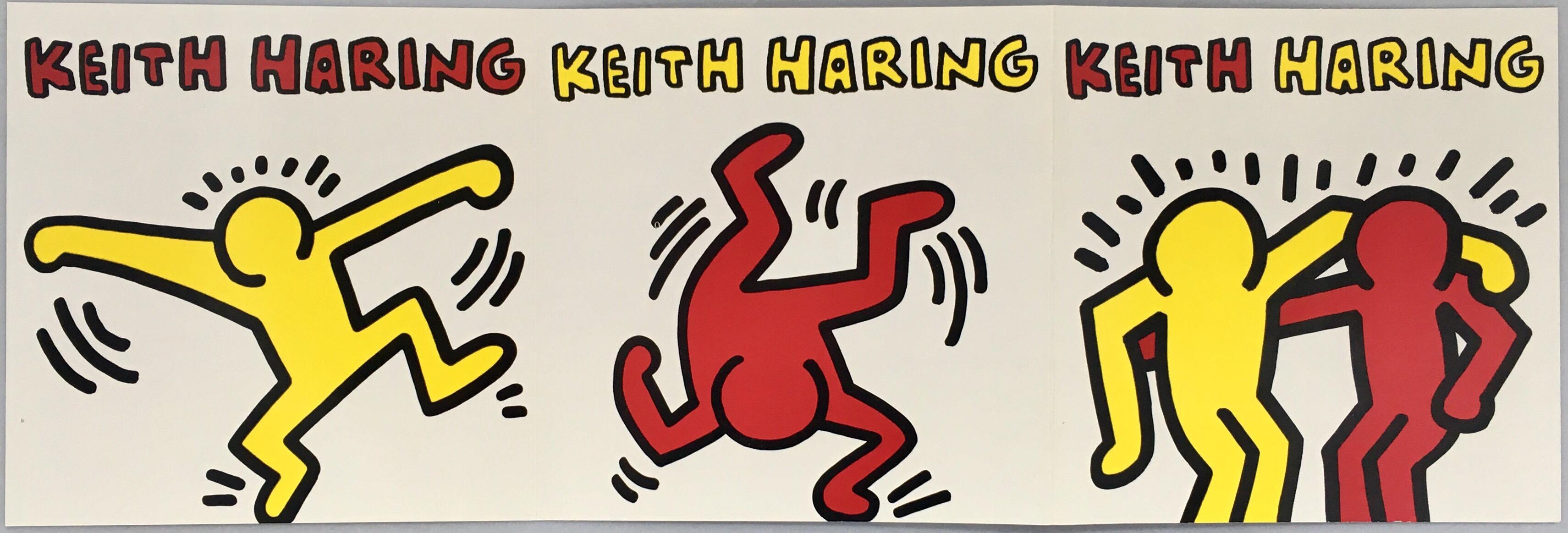 Vintage announcement for “Keith Haring Celebrating Humanity” at the Meyerovich gallery San Francisco, 1991. Features vibrant colors and Classic Haring imagery that make for a nice Haring collectible within reach. 

6x6 inches closed; opening up to