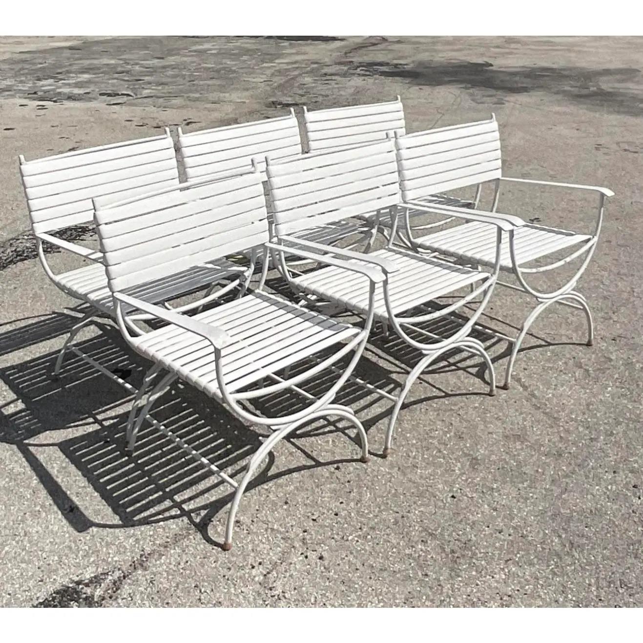 Fantastic set of six banded outdoor chairs. Made by the legendary Keller Scroll of Miami. Beautiful Midcentury wrought iron design. Matching table also available. Acquired from a Palm Beach estate.
