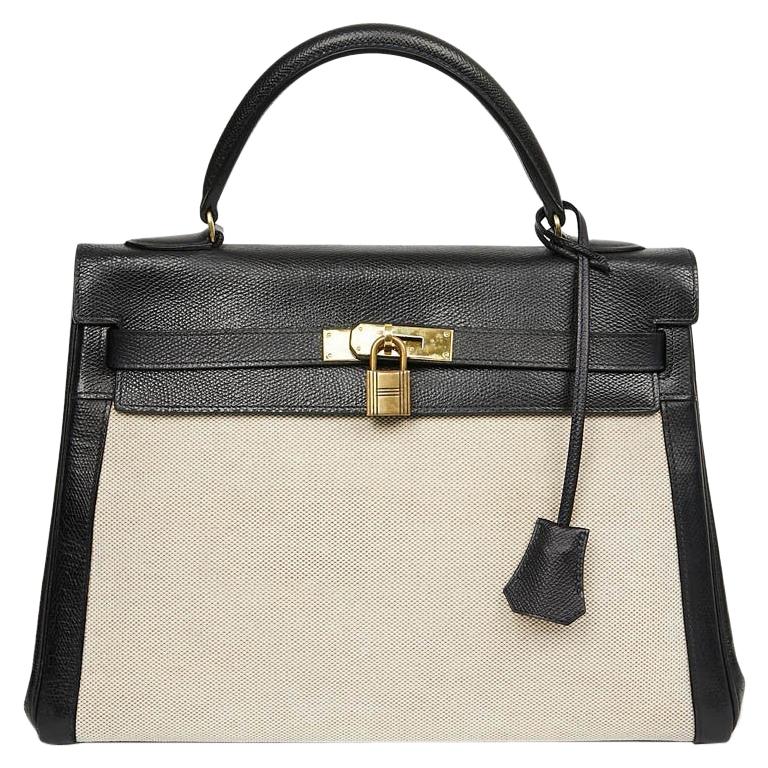 Vintage Kelly 32 HERMES in Beige Canvas and Black Leather For Sale at ...