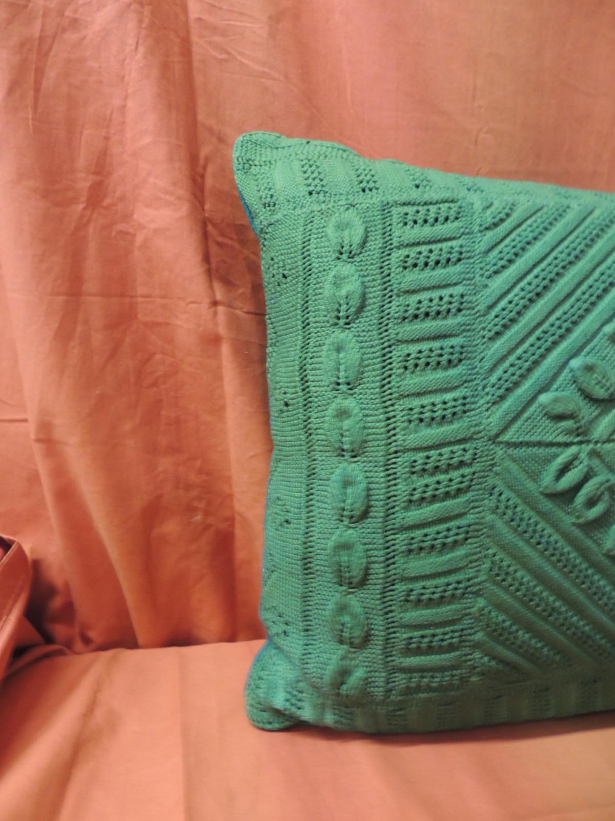 Vintage Kelly green crochet lumbar pillow with hunter green bark-cloth backing. Boho-chic style decorative lumbar pillow. Decorative pillow handstitched (no zipper closure.) Throw pillow handcrafted and designed in the USA. Custom made pillow