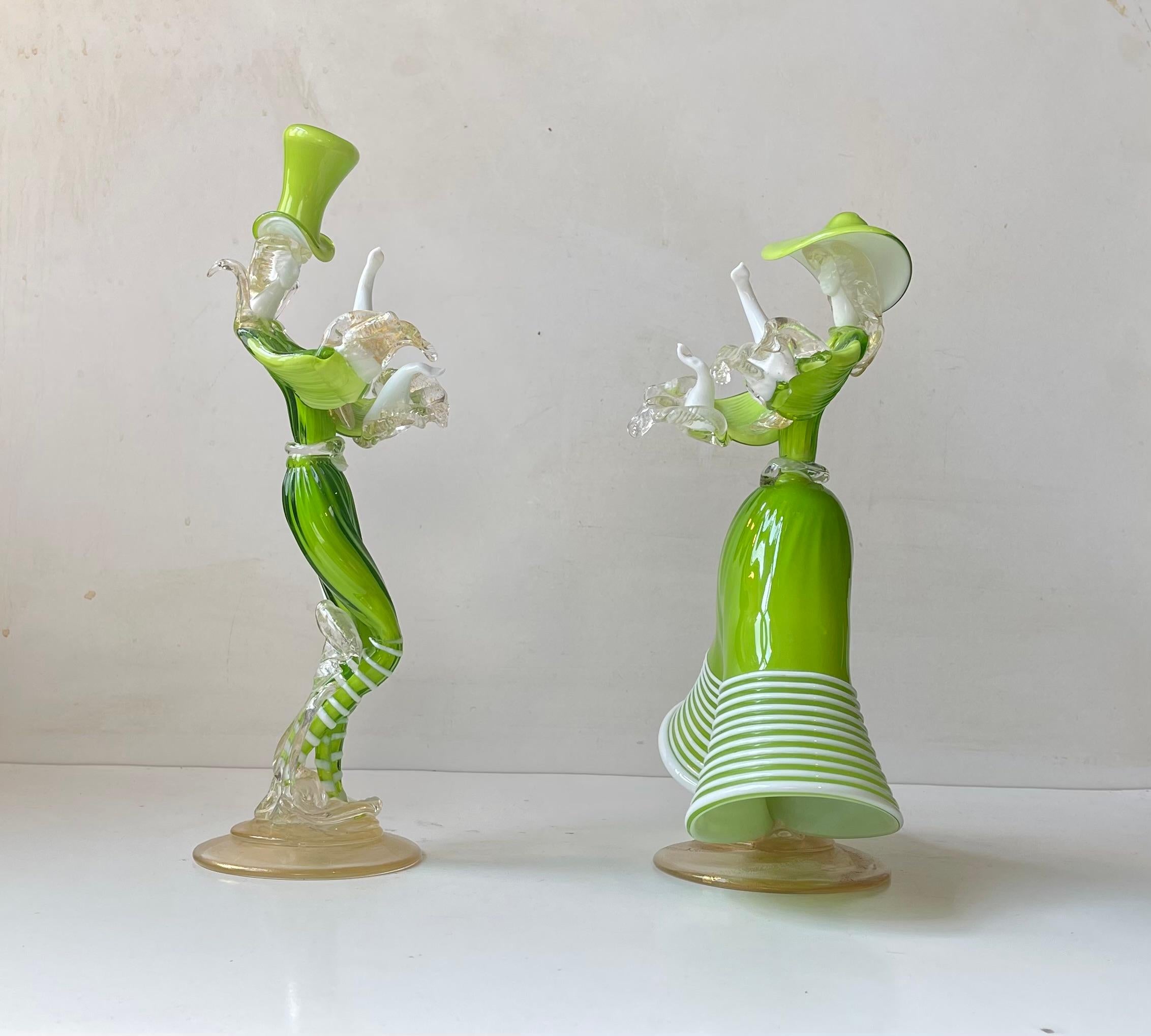 Milieu du XXe siècle Danseuses vénitiennes en verre de Murano de couleur vert Kelly par Franco Toffolo, 1960s en vente