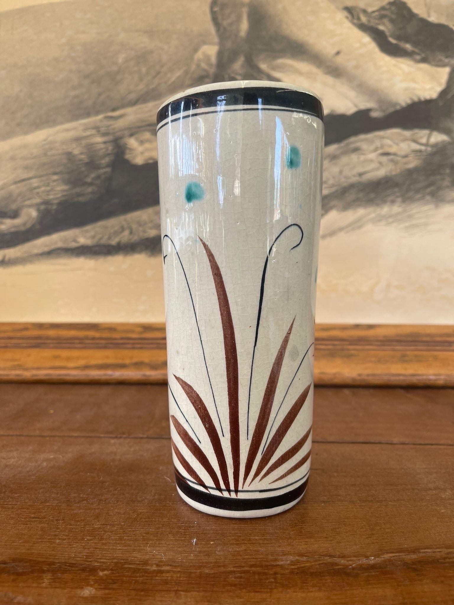 Mid-Century Modern Vintage Ken Edwards Style Vase With Yellow Floral and Bird Motiff For Sale