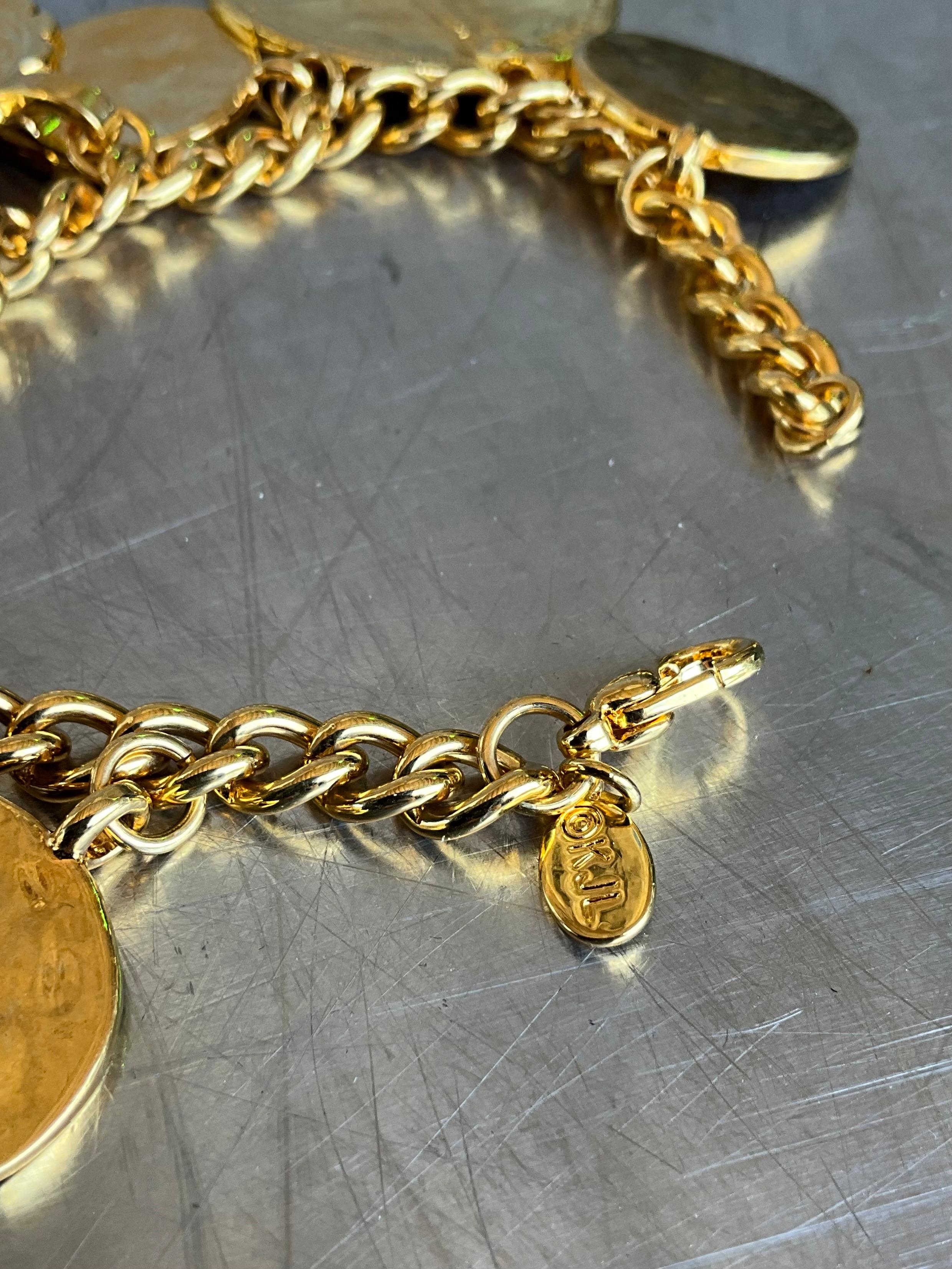Vintage Kenneth Jay Lane Acapulco Gold tone Medallion Charm Bracelet For Sale 6