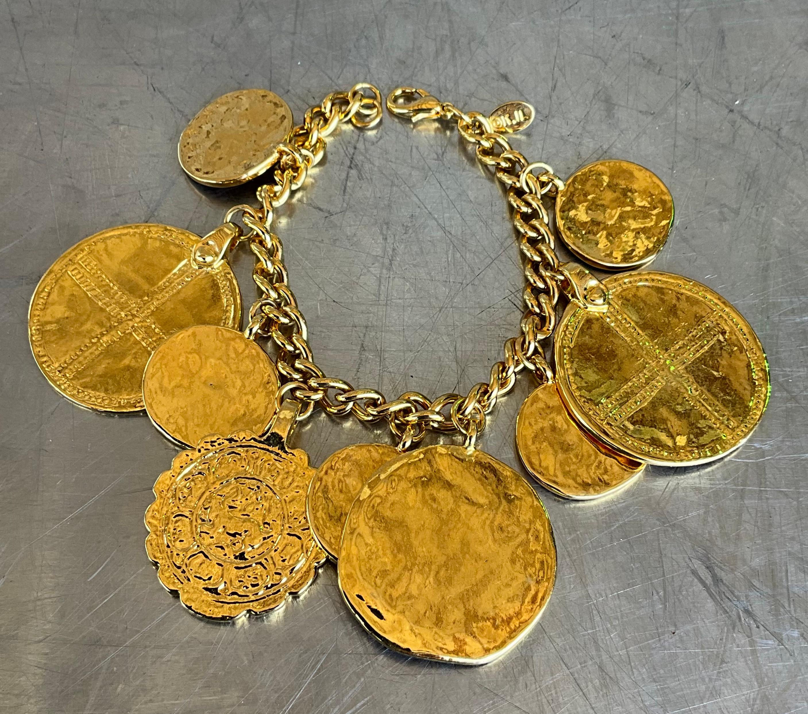 Women's or Men's Vintage Kenneth Jay Lane Acapulco Gold tone Medallion Charm Bracelet For Sale