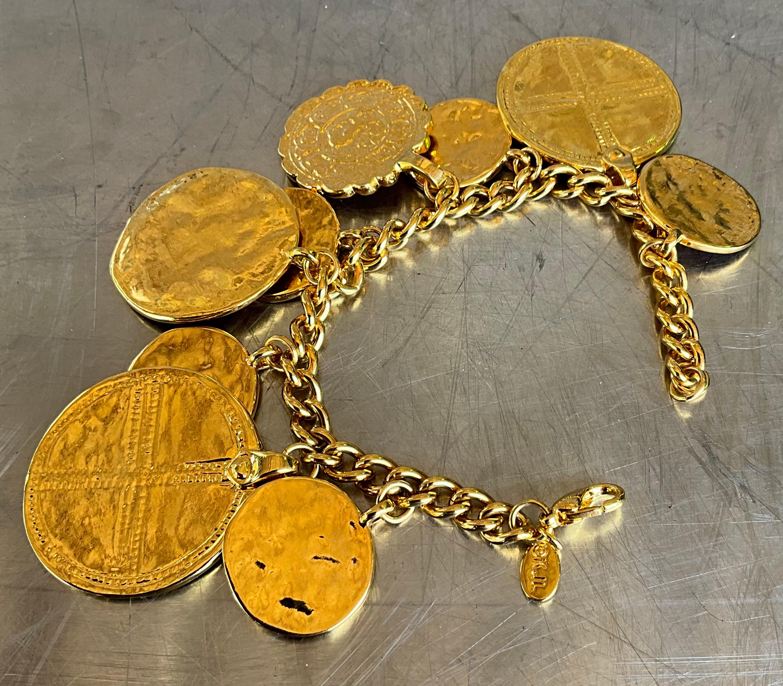 Vintage Kenneth Jay Lane Acapulco Gold tone Medallion Charm Bracelet For Sale 5