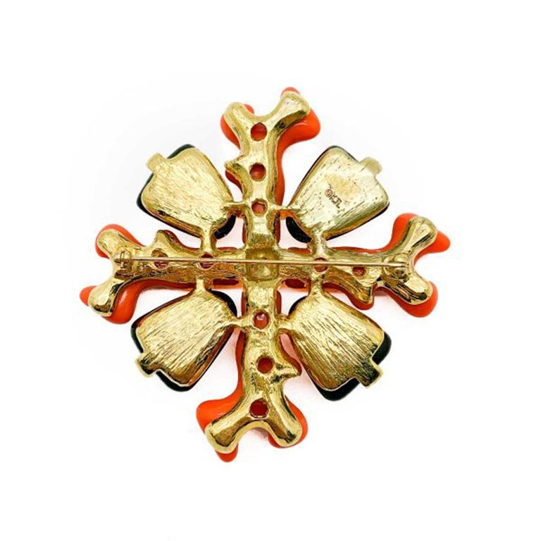 Women's Vintage Kenneth Jay Lane Coral & Emerald Maltese Cross Brooch 1990s