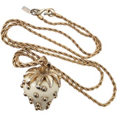 Vintage Kenneth Jay Lane Cream Enamel Strawberry Pendant Necklace KJL Gold Tone