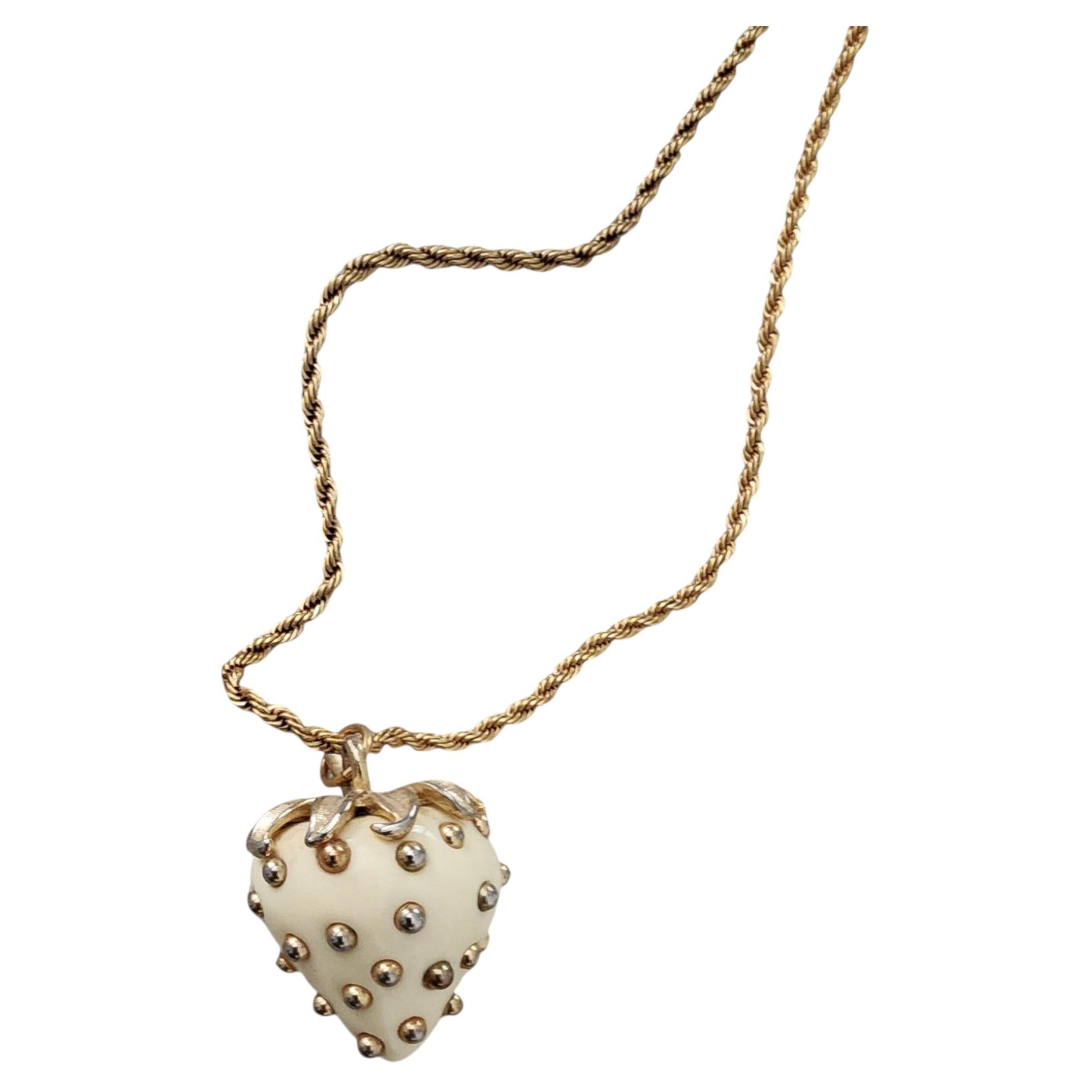 Pre-owned Kenneth Jay Lane Vintage Cream Enamel Strawberry Pendant Necklace Kjl Gold Tone In White