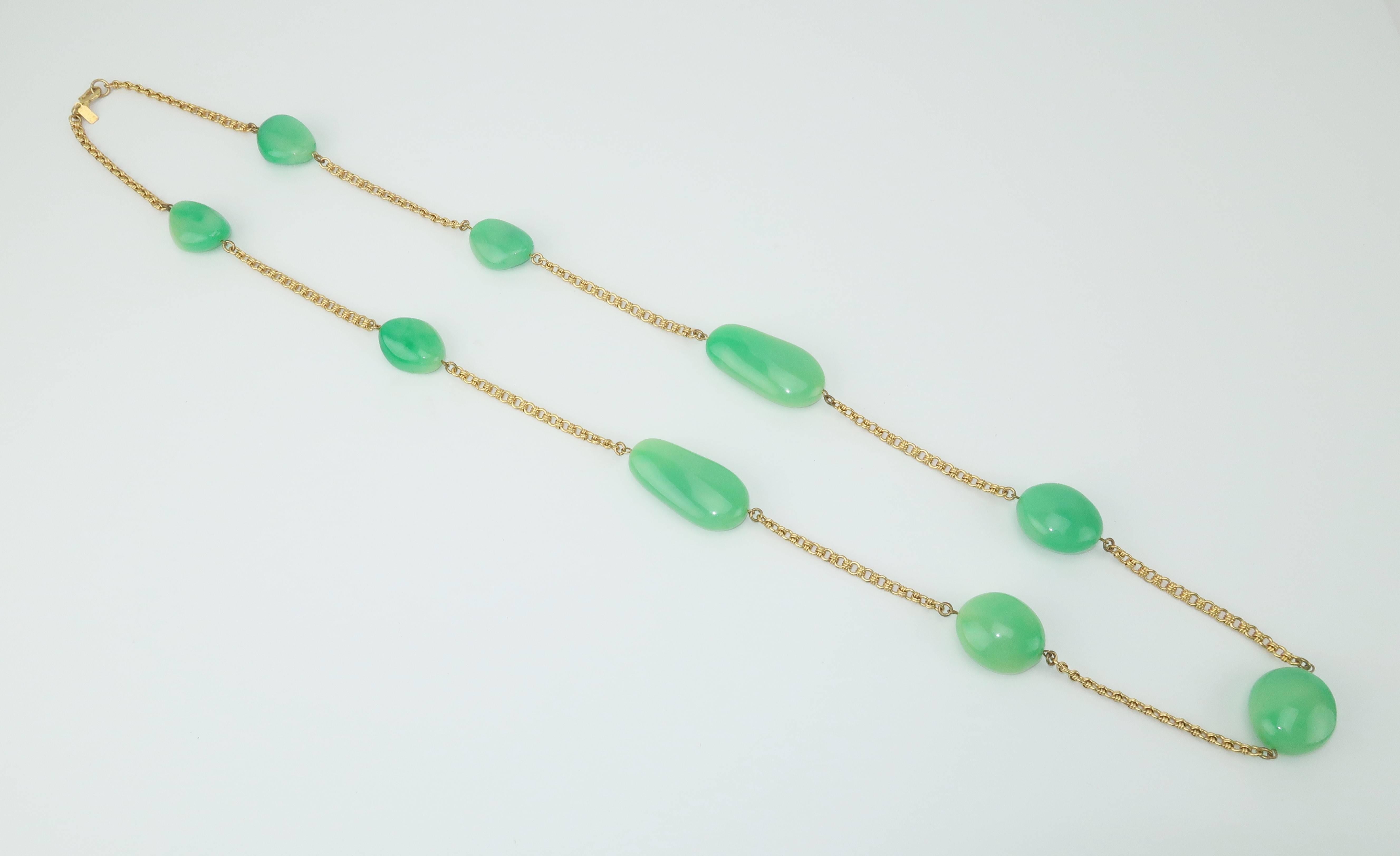 Modern Vintage Kenneth Jay Lane Faux Jade Opera Length Gold Chain Necklace
