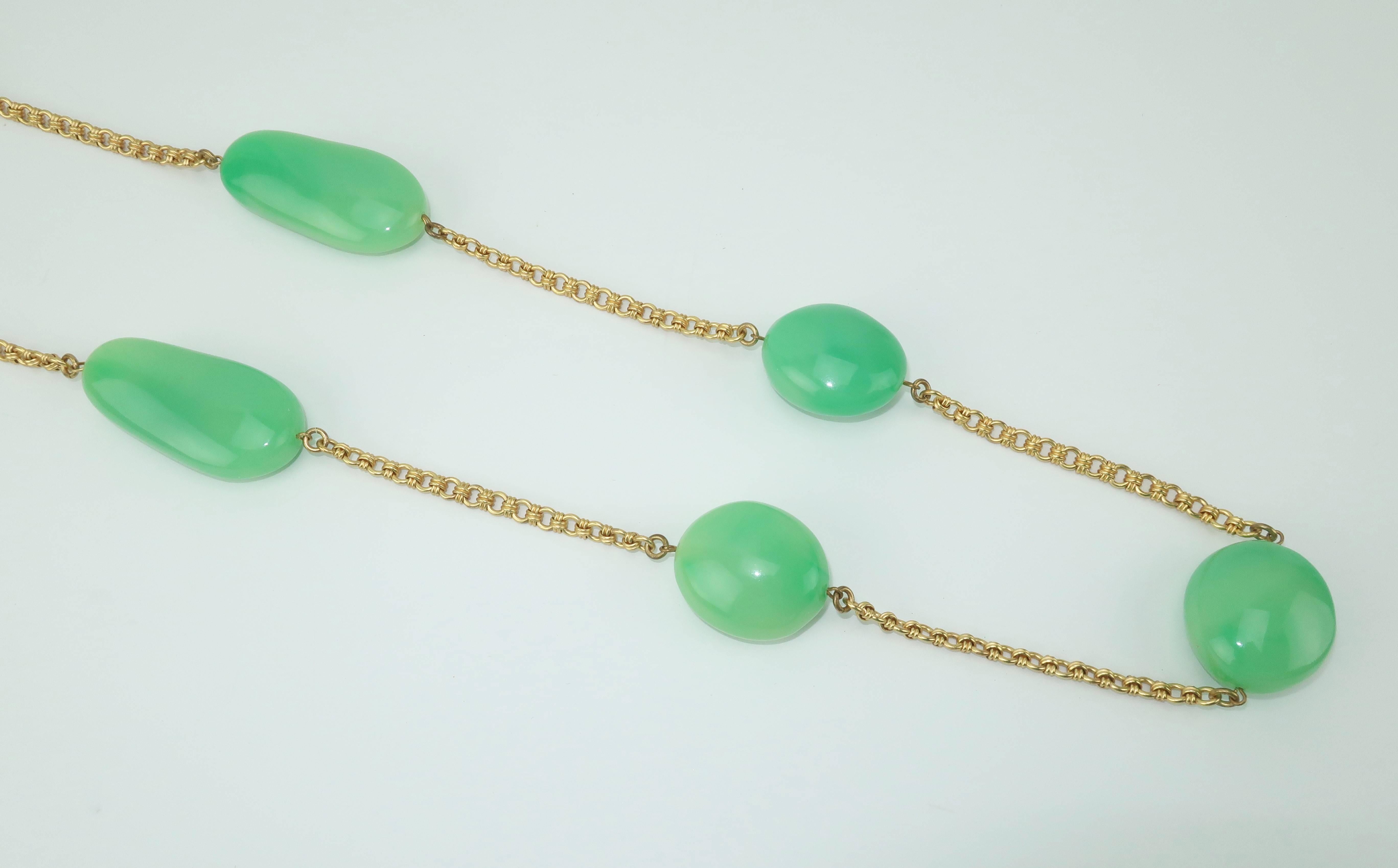 Vintage Kenneth Jay Lane Faux Jade Opera Length Gold Chain Necklace In Excellent Condition In Atlanta, GA