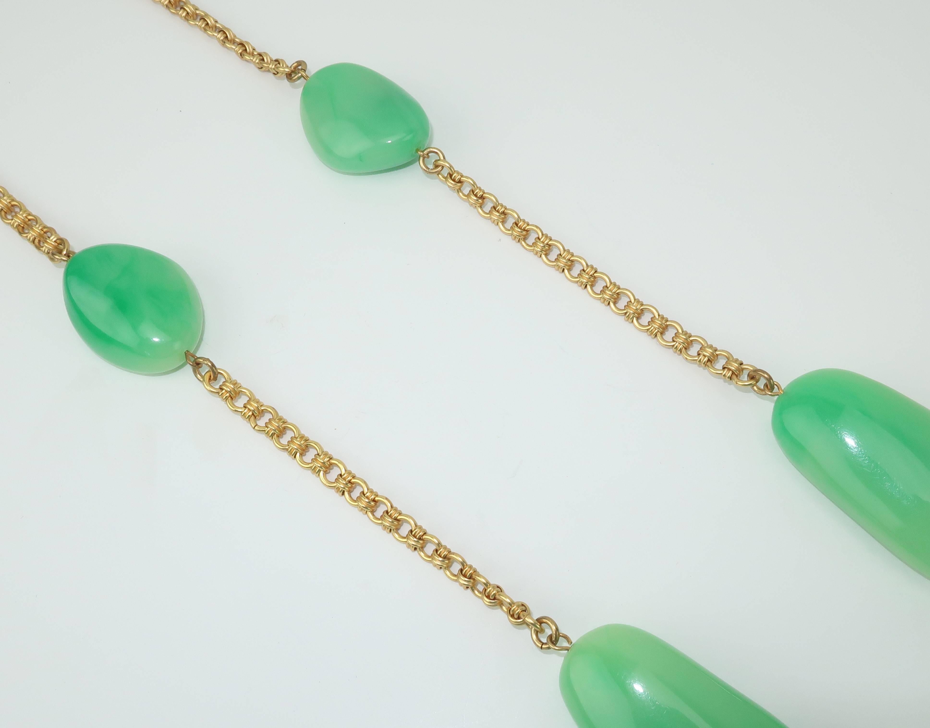 Women's Vintage Kenneth Jay Lane Faux Jade Opera Length Gold Chain Necklace