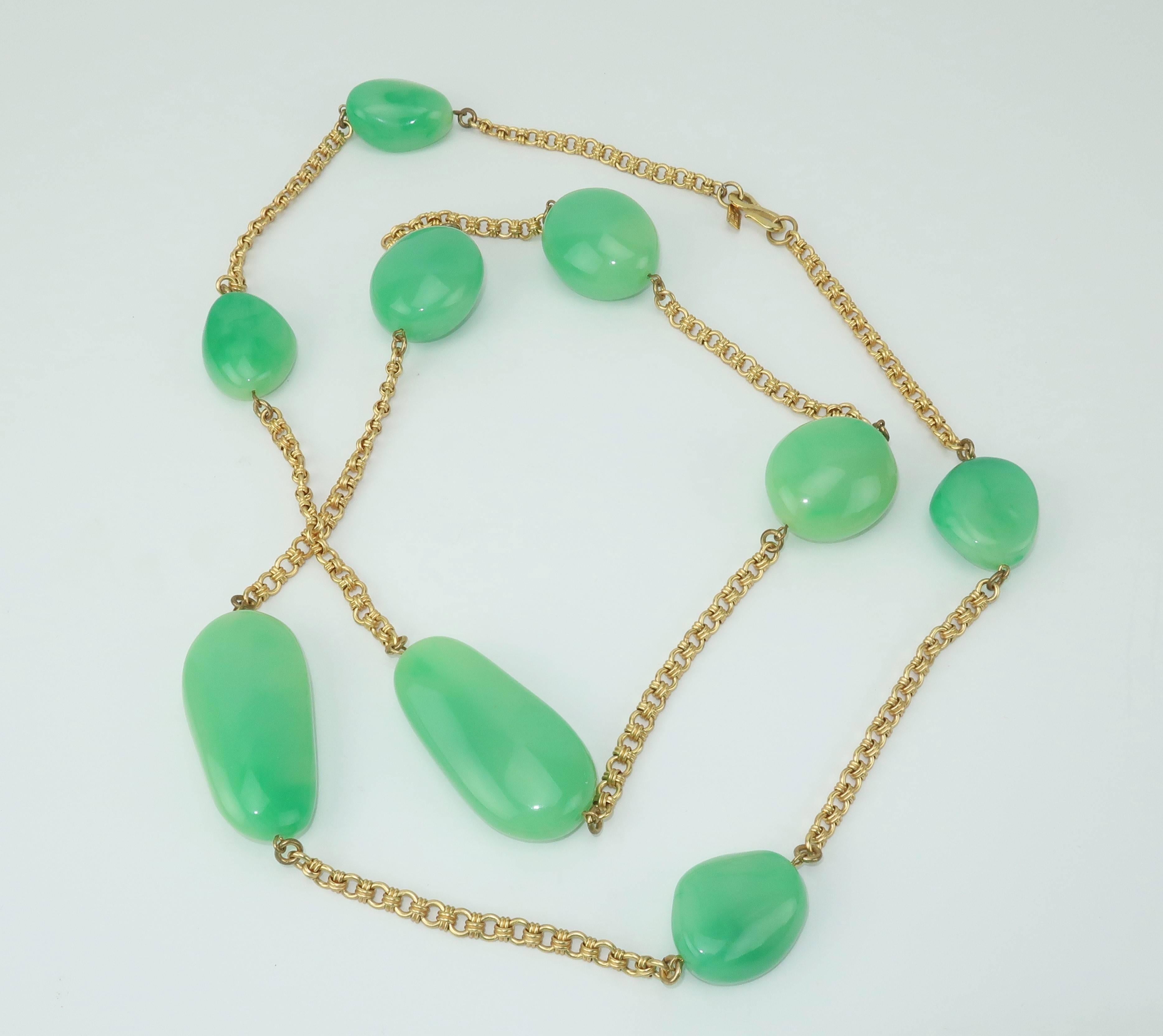 Vintage Kenneth Jay Lane Faux Jade Opera Length Gold Chain Necklace 1