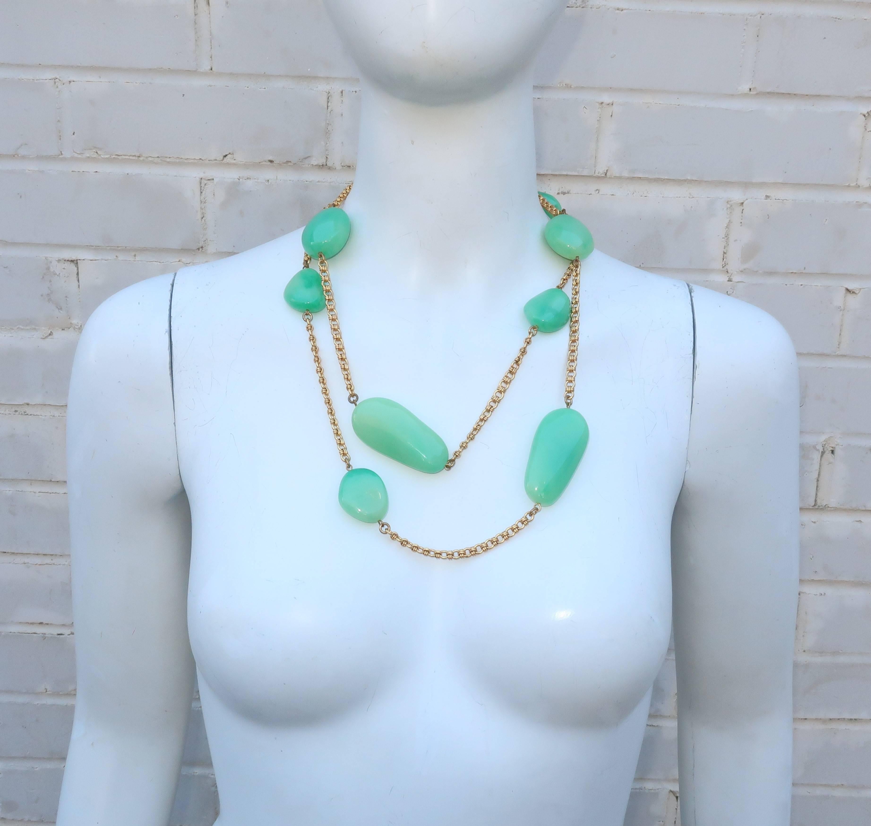 Vintage Kenneth Jay Lane Faux Jade Opera Length Gold Chain Necklace 2