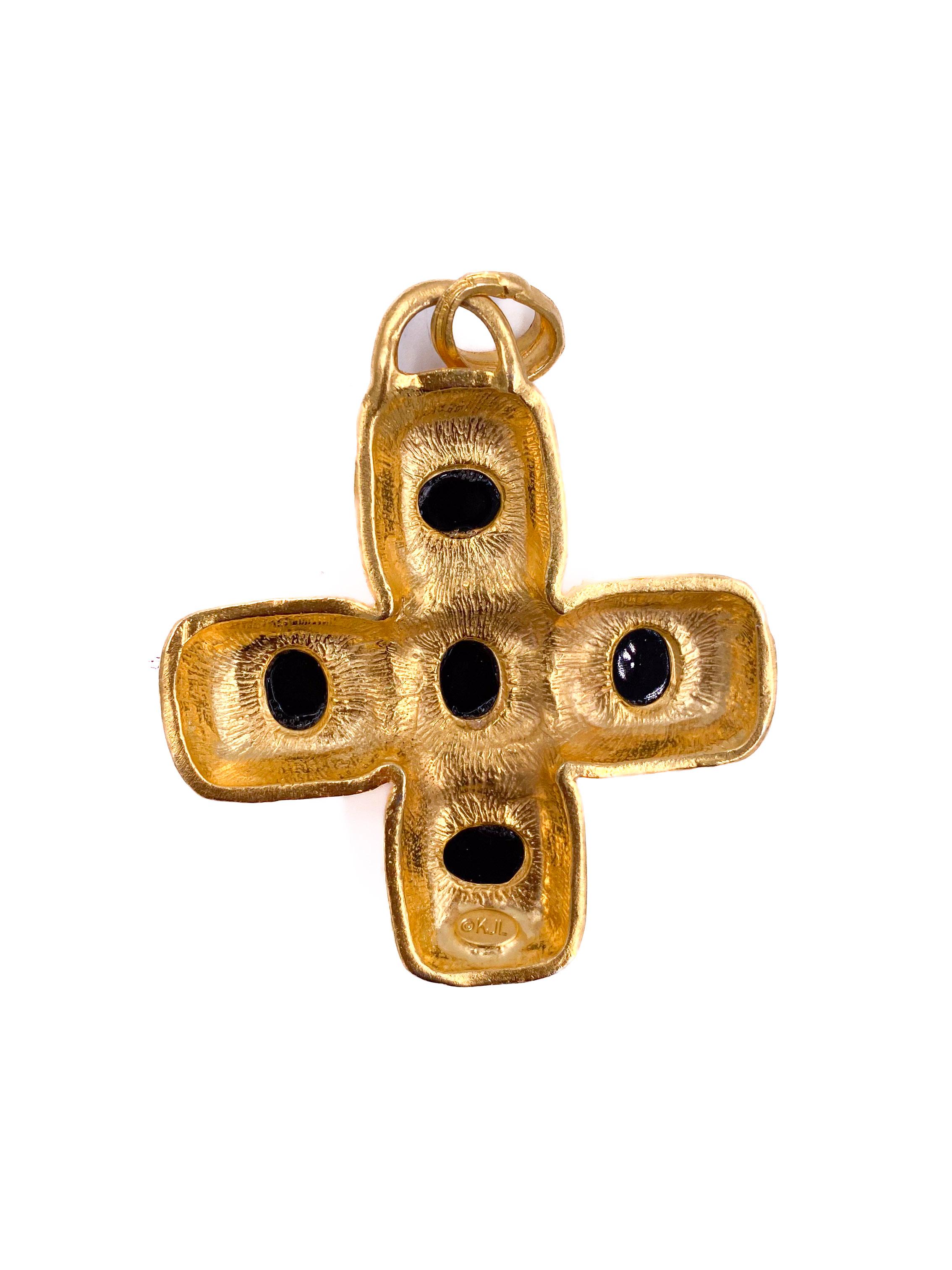Vintage Kenneth Jay Lane for QVC Cross Pendant with Black Cabochons In Excellent Condition For Sale In Los Angeles, CA