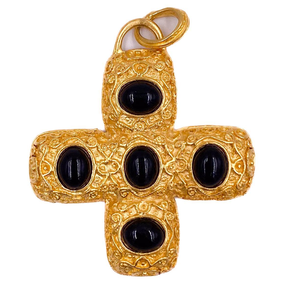 Vintage Kenneth Jay Lane for QVC Cross Pendant with Black Cabochons For Sale
