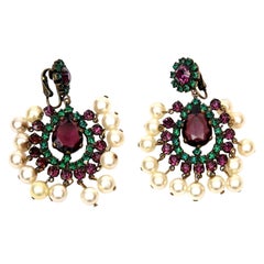 Vintage Kenneth Jay Lane Green, Purple Pearl Dangle Chandelier Clip On Earrings