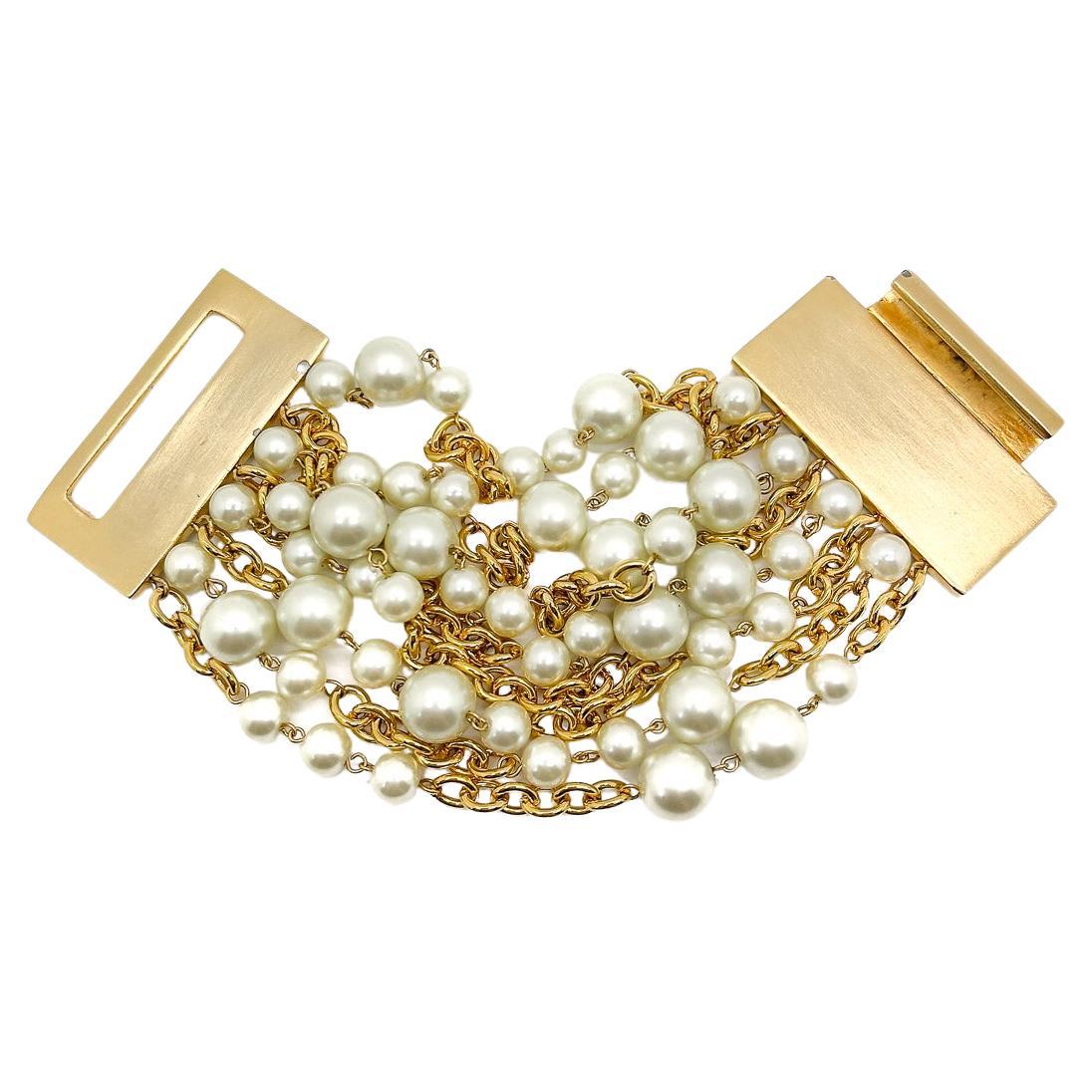 Vintage Kenneth Jay Lane Statement Pearl Multi Row Cuff 1990s For Sale