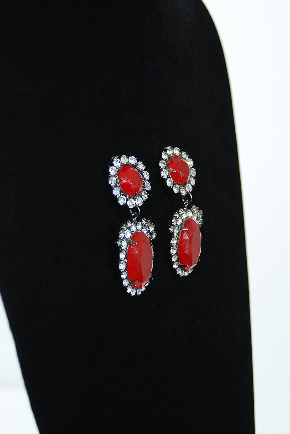 Vintage Kenneth Lane Duchess of Windsor Red Crystal Bib Necklace & Earrings Set  2