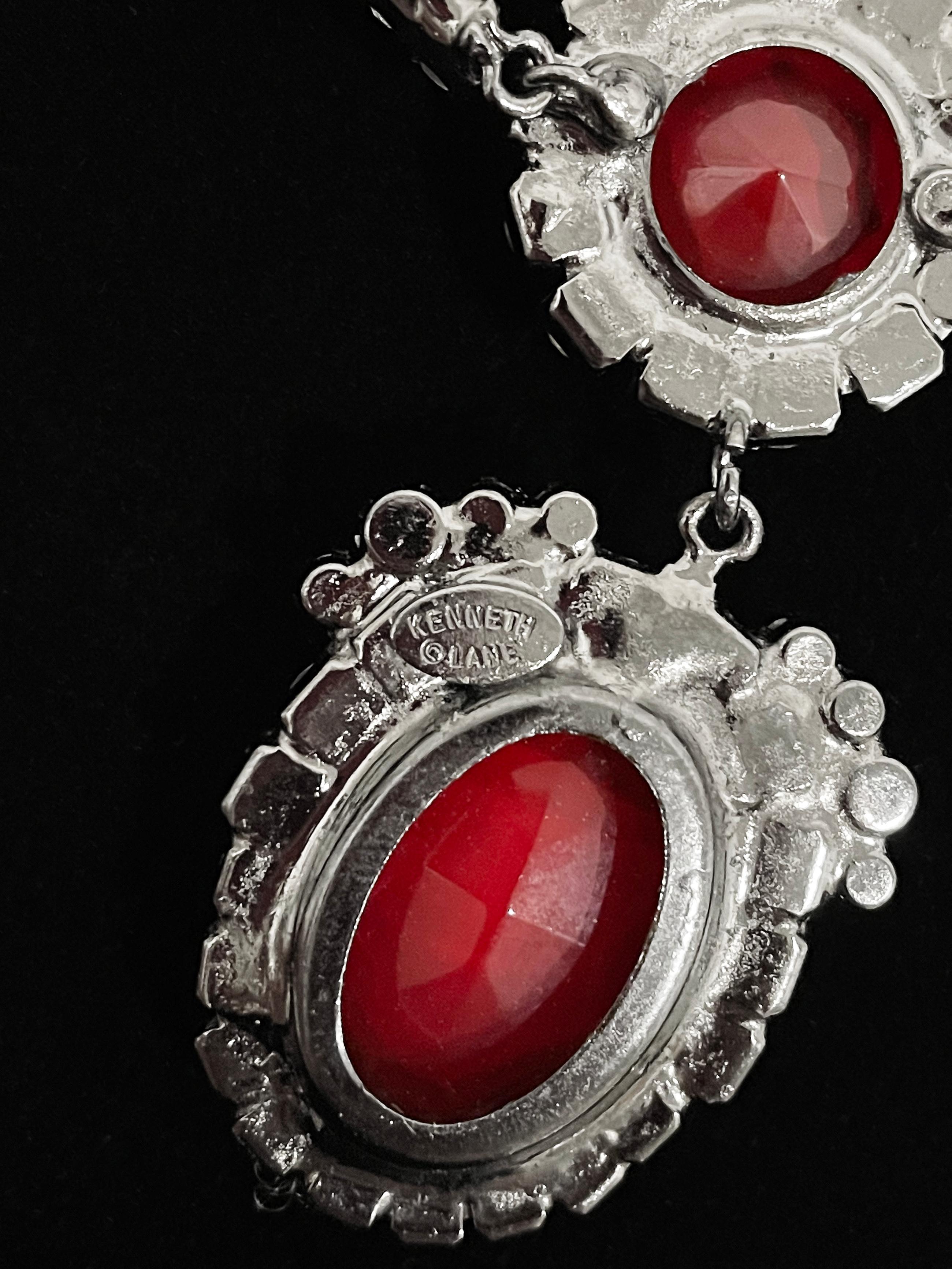 Vintage Kenneth Lane Duchess of Windsor Red Crystal Bib Necklace & Earrings Set  5
