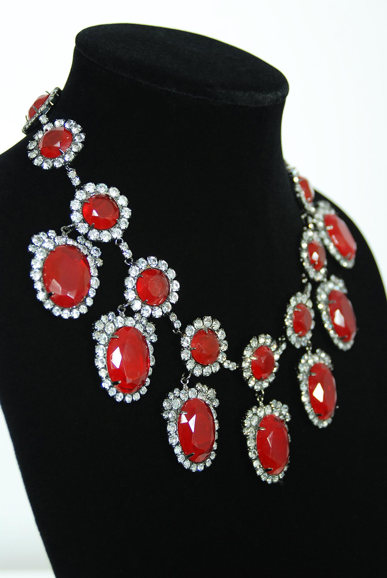 Oval Cut Vintage Kenneth Lane Duchess of Windsor Red Crystal Bib Necklace & Earrings Set 