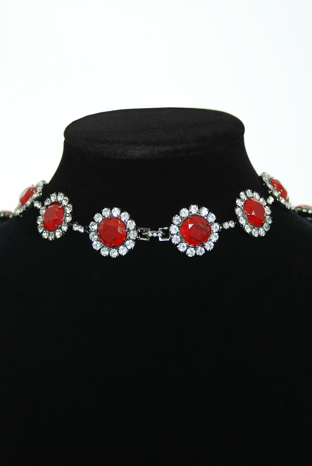 Women's Vintage Kenneth Lane Duchess of Windsor Red Crystal Bib Necklace & Earrings Set 