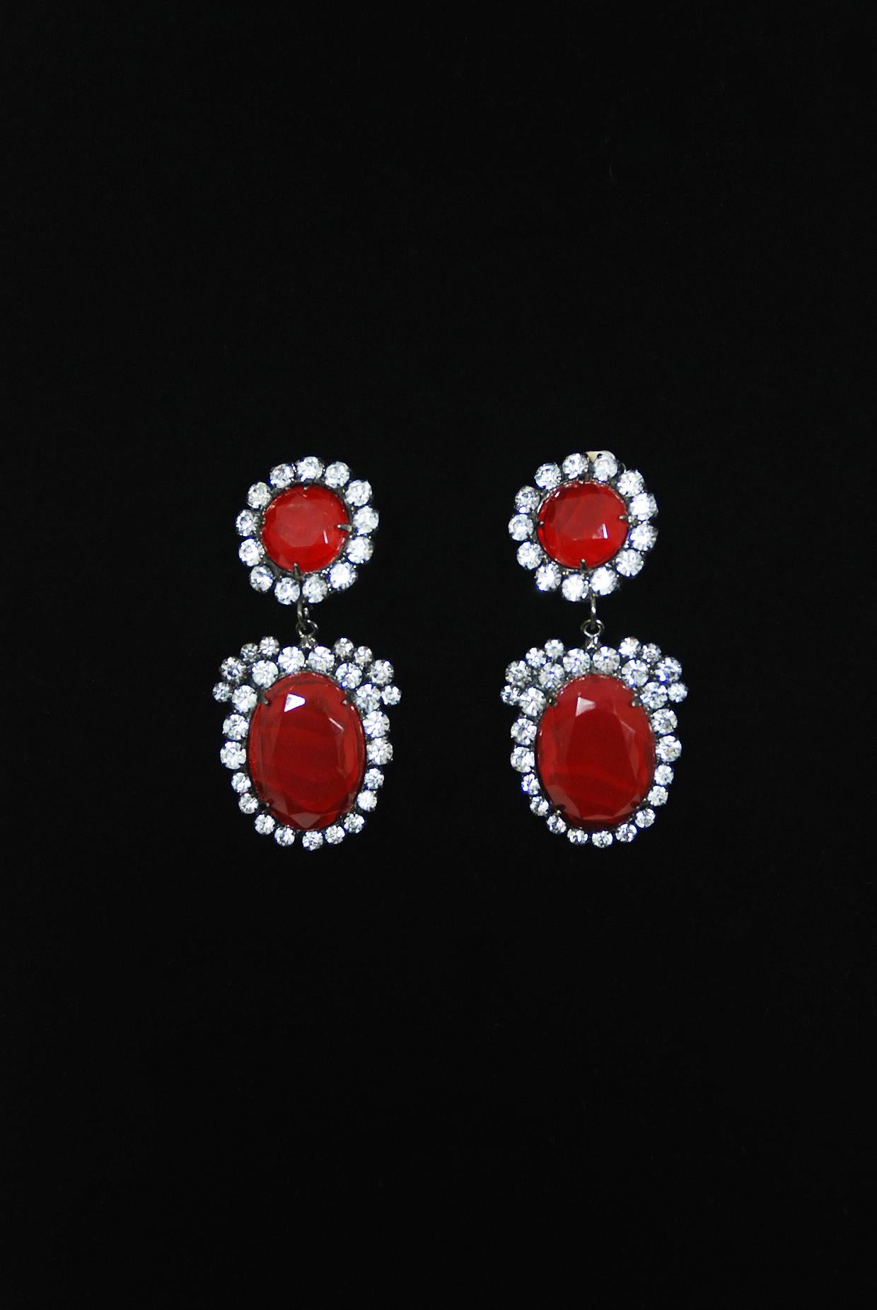 Vintage Kenneth Lane Duchess of Windsor Red Crystal Bib Necklace & Earrings Set  1