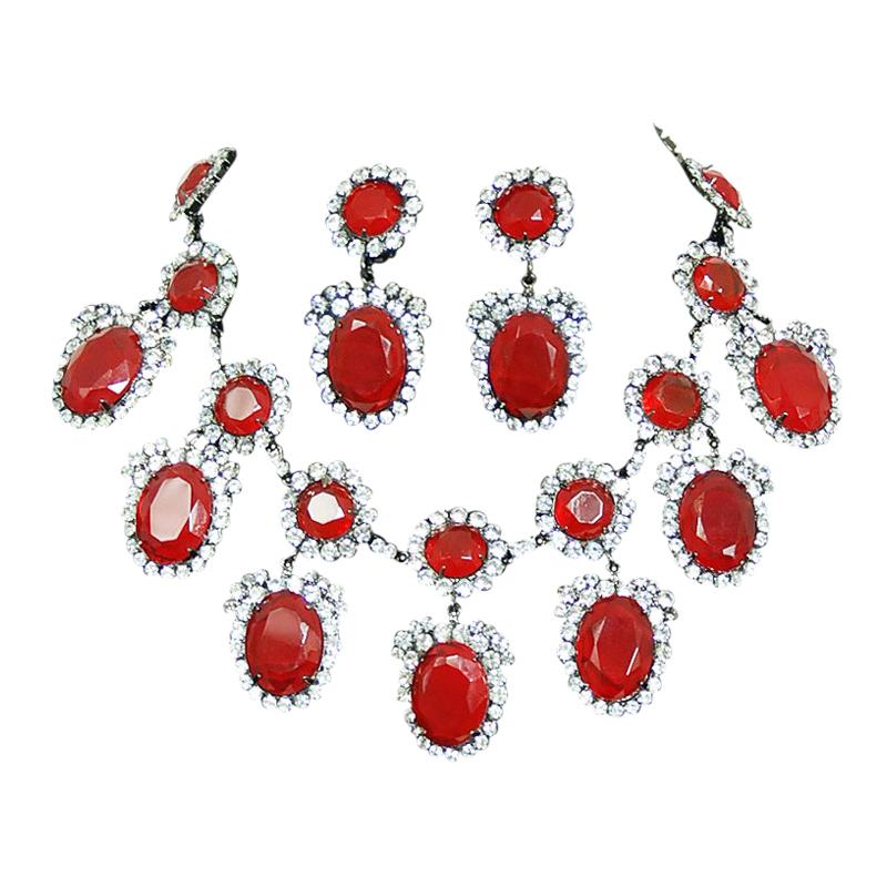 Vintage Kenneth Lane Duchess of Windsor Red Crystal Bib Necklace & Earrings Set 