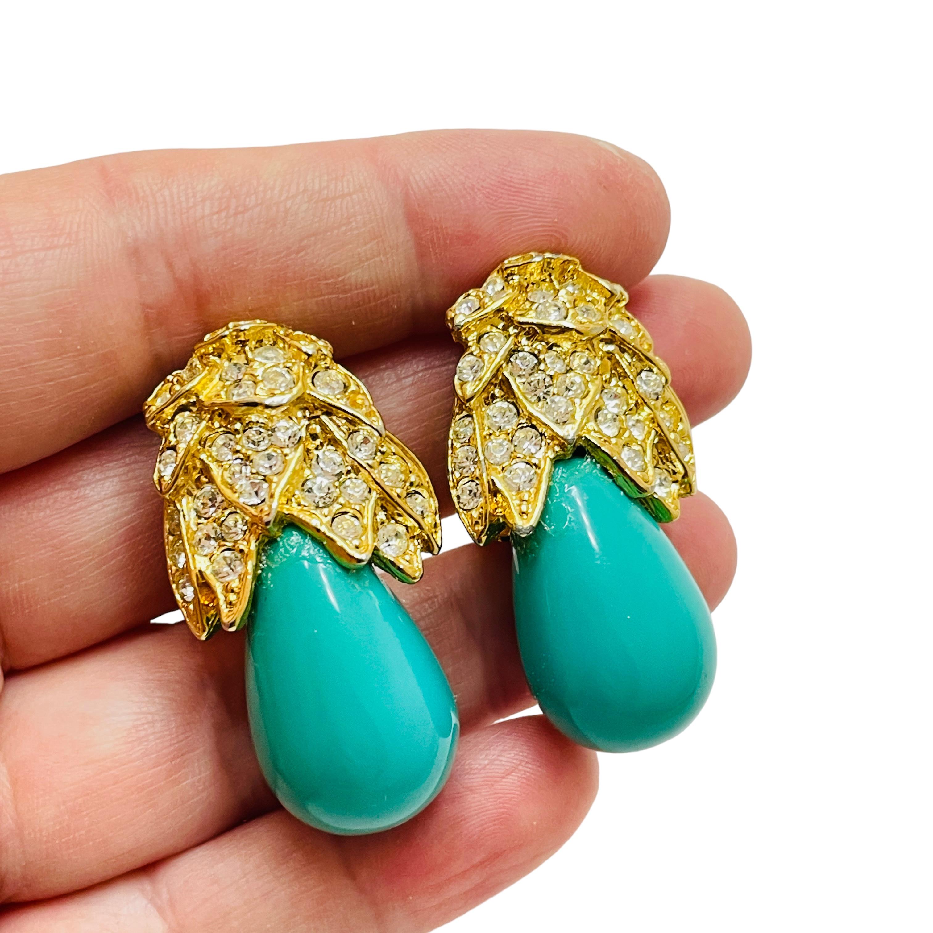 Women's or Men's Vintage KENNETH LANE gold turquoise clip on designer earrings