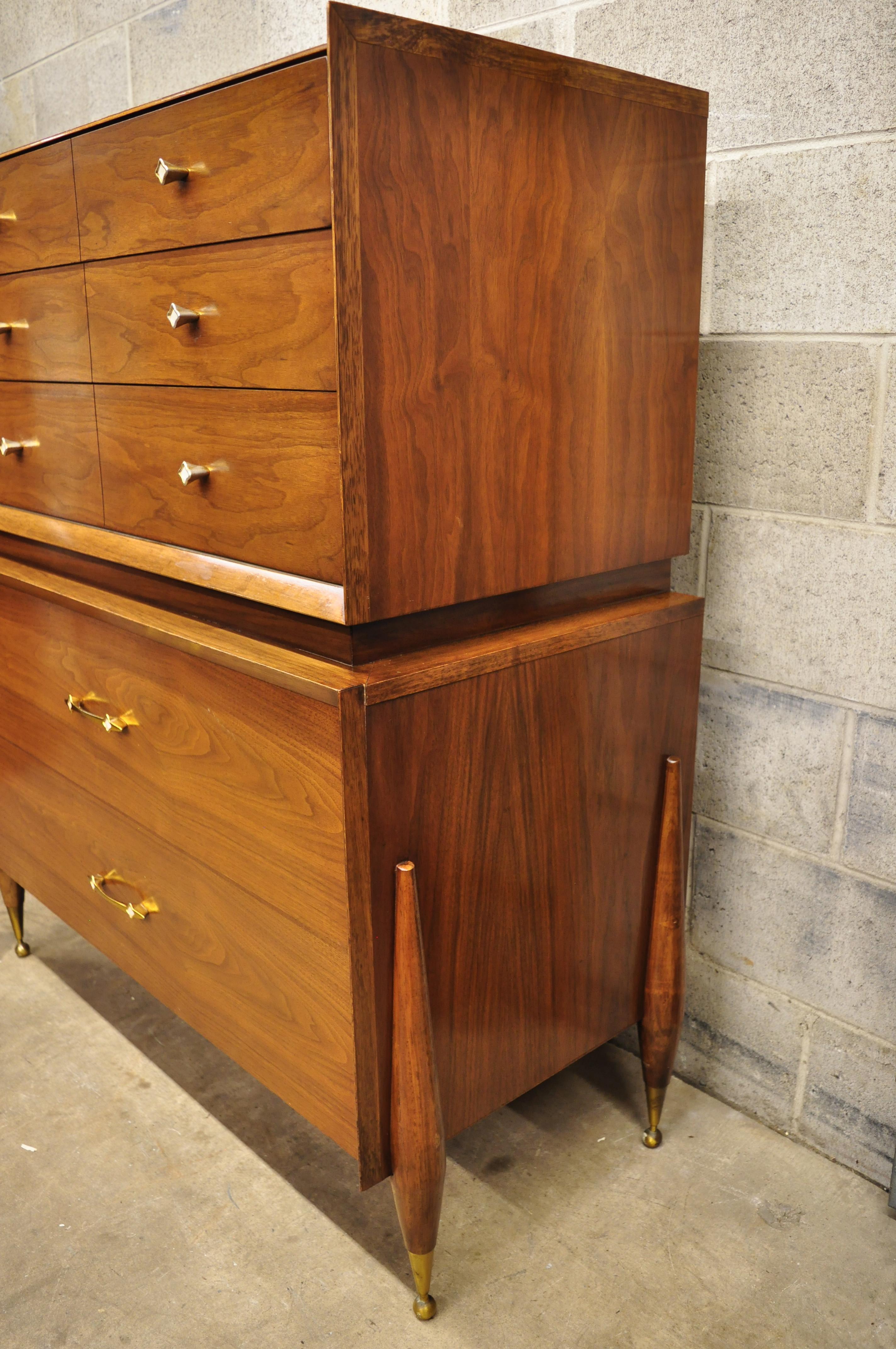 Brass Vintage Kent Coffey The Auburn Midcentury Walnut Atomic Era Tall Chest Dresser