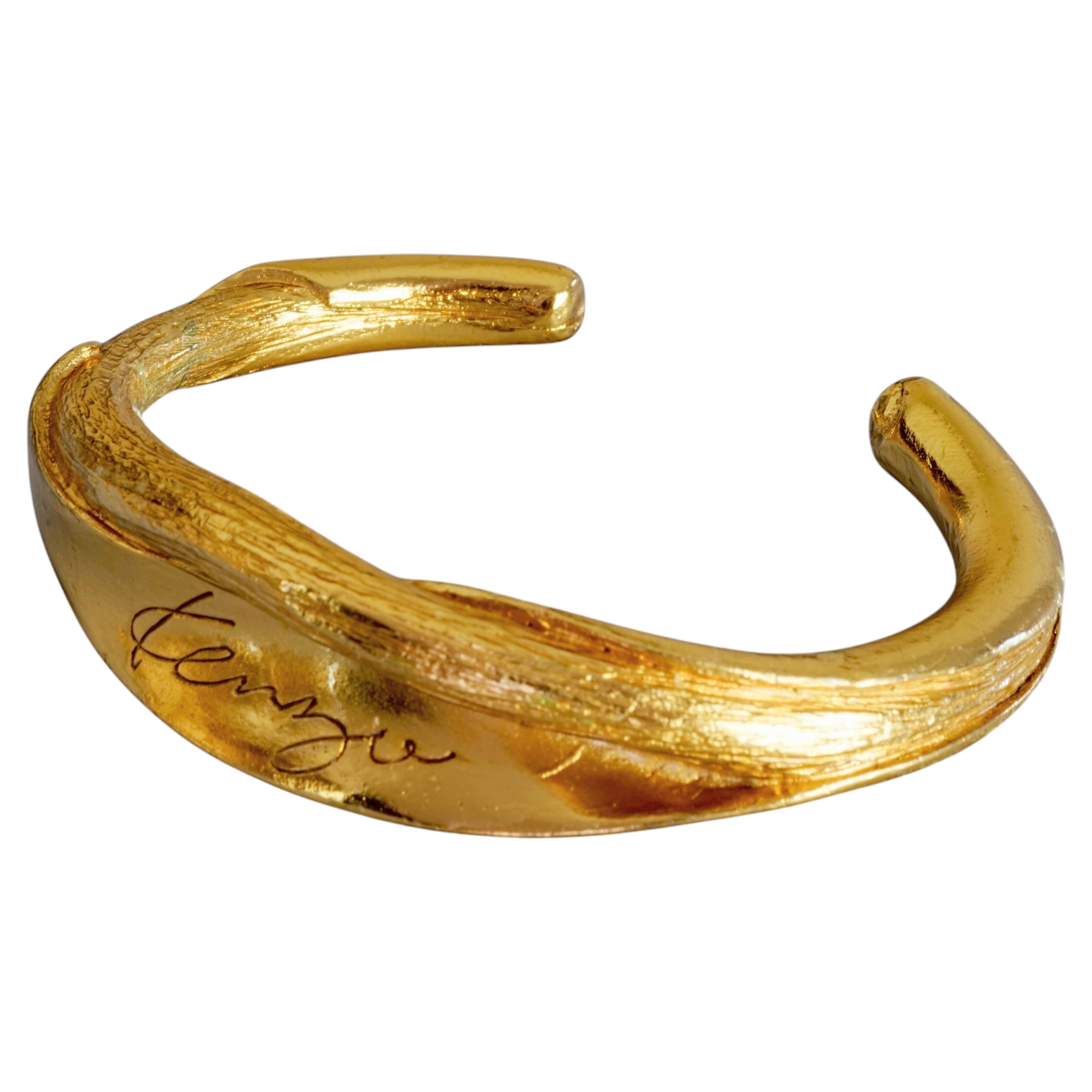 Vintage KENZO Calla Lily Gold Tone Rigid Bangle Bracelet For Sale