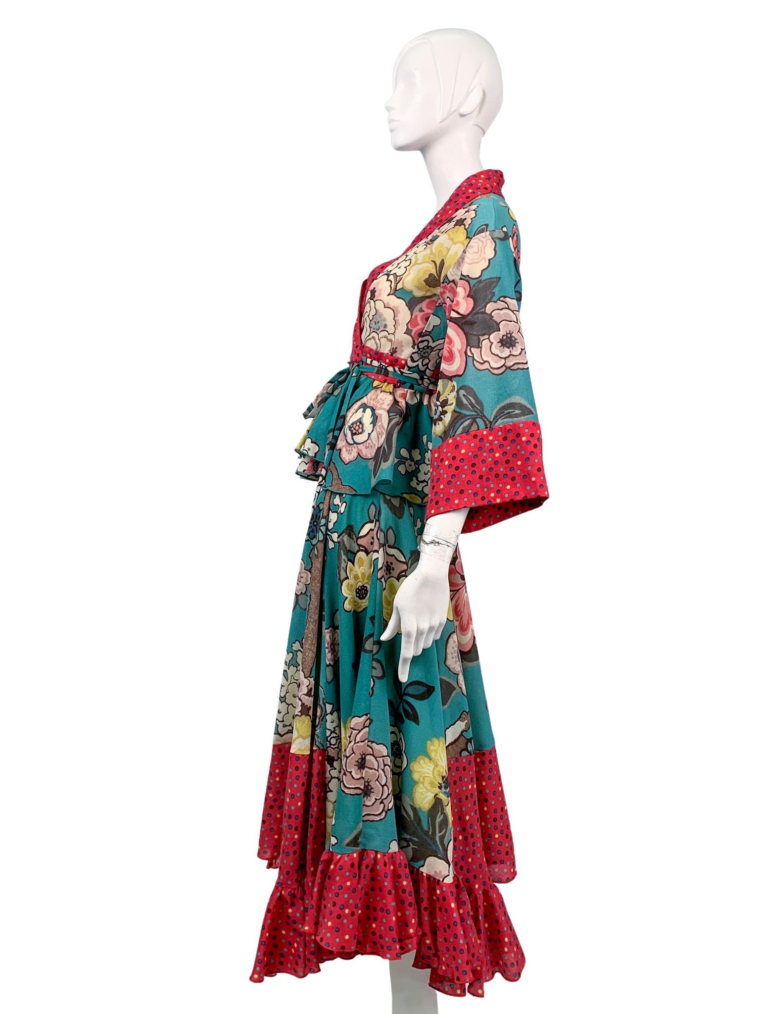 Vintage Kenzo colourful printed wool & silk ruffled two-piece ensemble 6