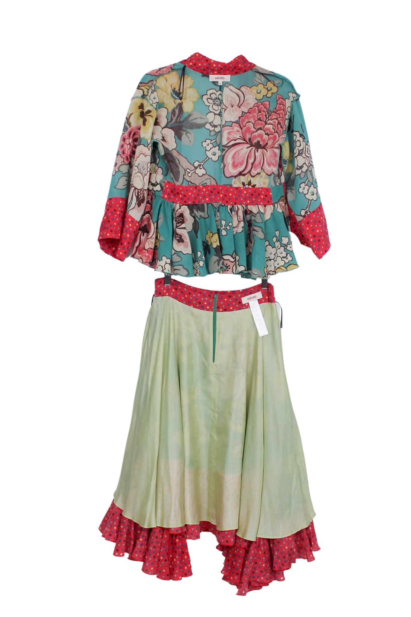 Vintage Kenzo colourful printed wool & silk ruffled two-piece ensemble 10