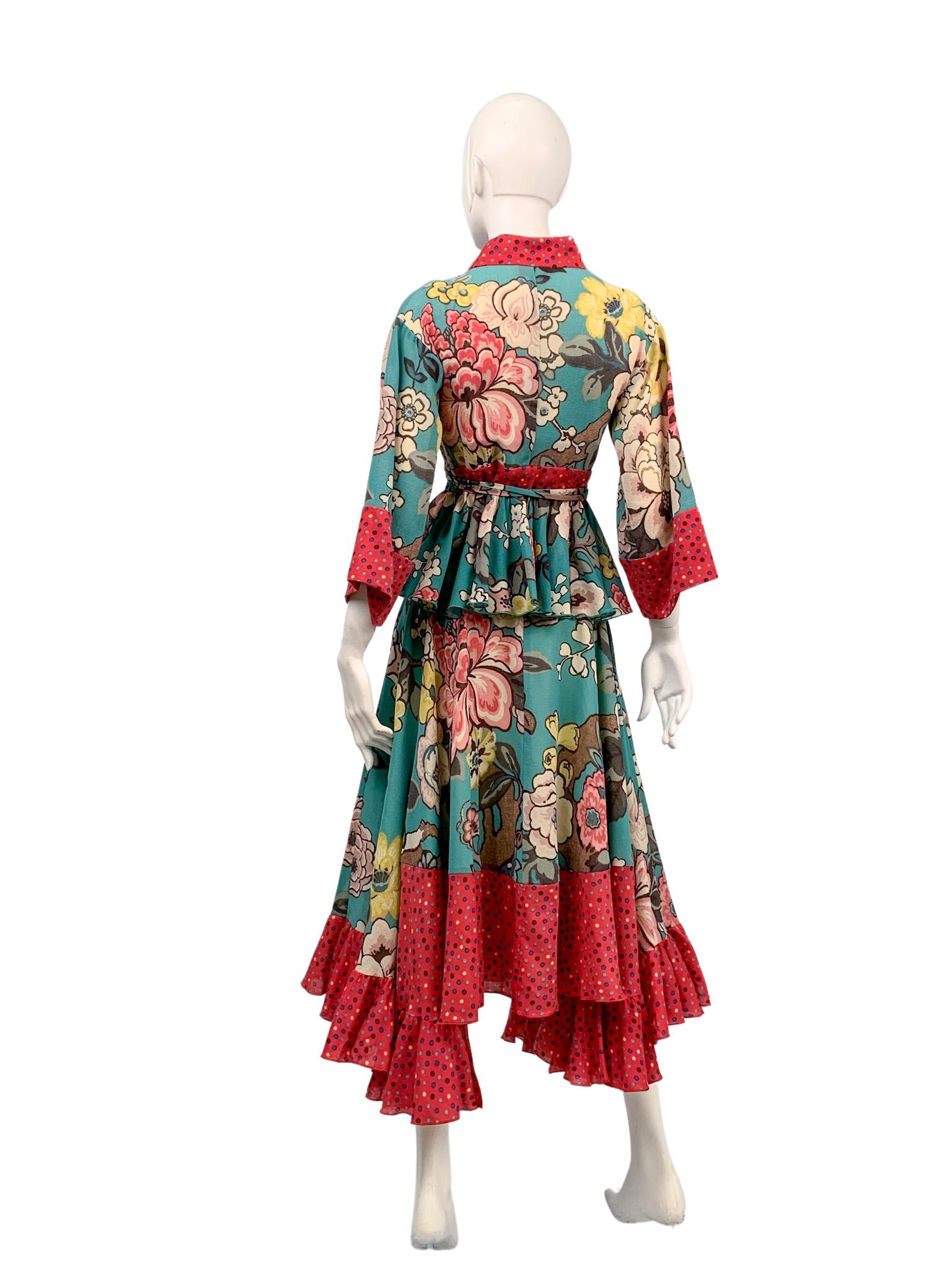 Women's Vintage Kenzo colourful printed wool & silk ruffled two-piece ensemble