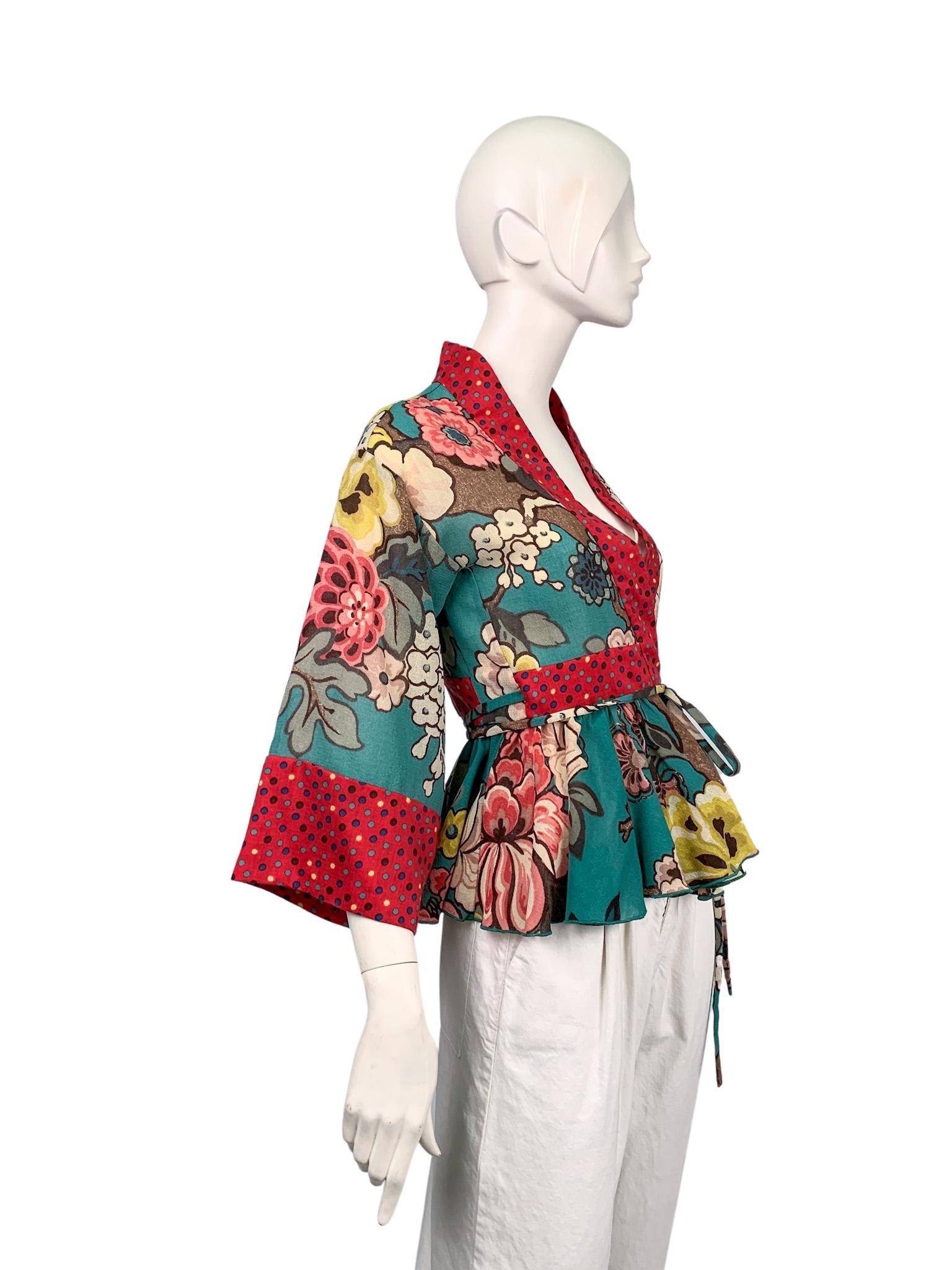Vintage Kenzo colourful printed wool & silk ruffled two-piece ensemble 4