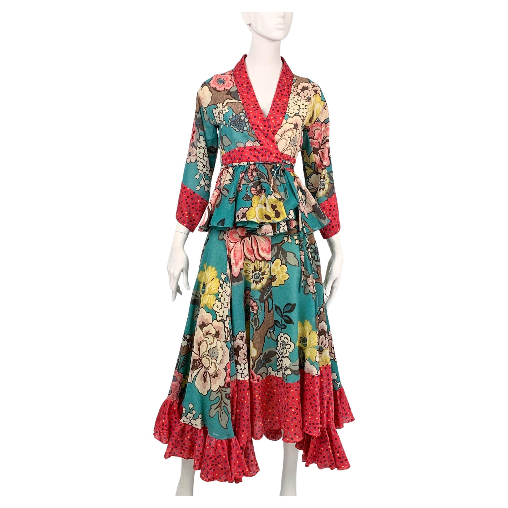 Vintage Kenzo colourful printed wool & silk ruffled two-piece ensemble