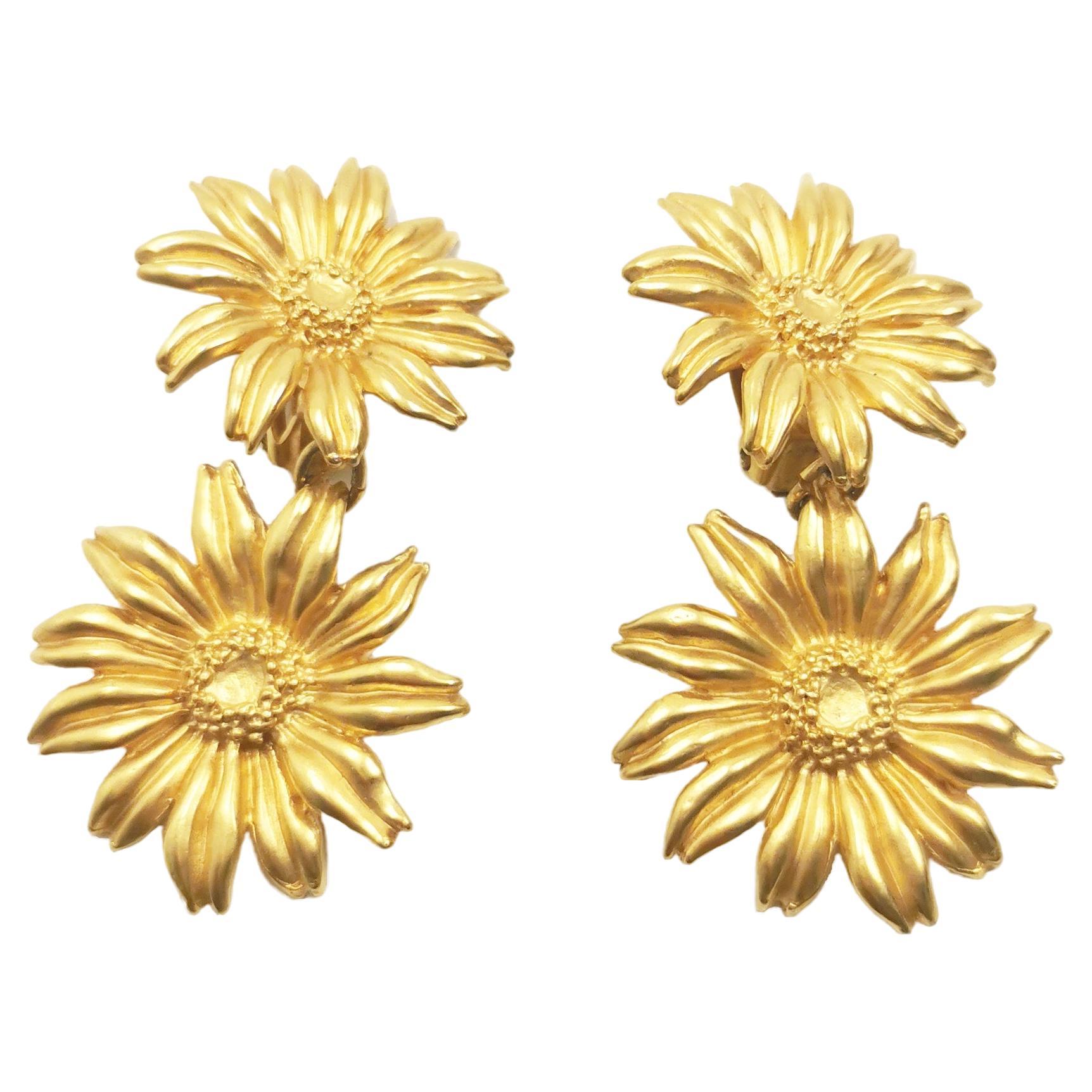 Vintage KENZO Gerbera Flower Dangle Clip-On Gilded Earrings For Sale