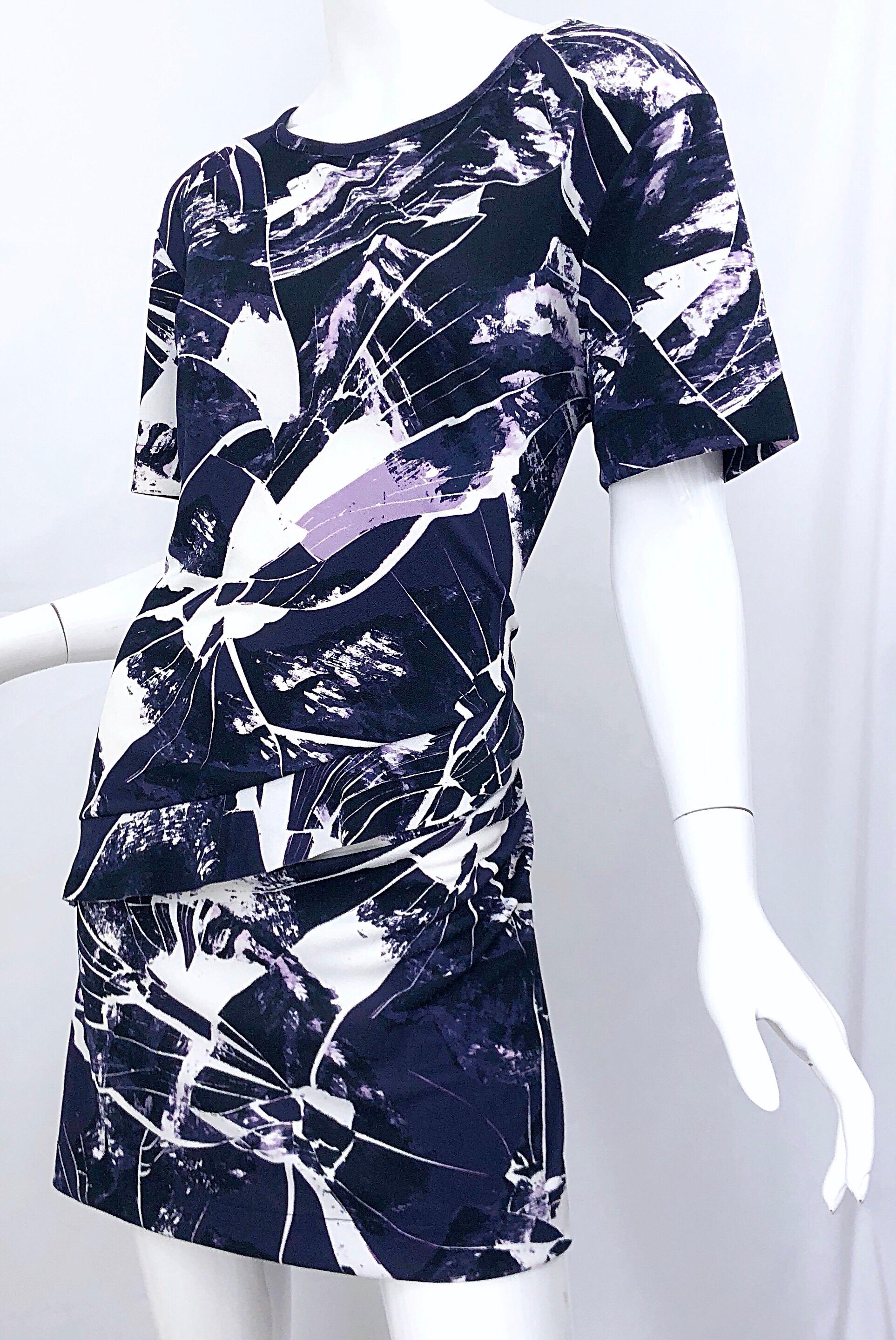 Vintage Kenzo Large Size 1990s Abstract Print Navy Blue + Purple 90s Mini Dress 5