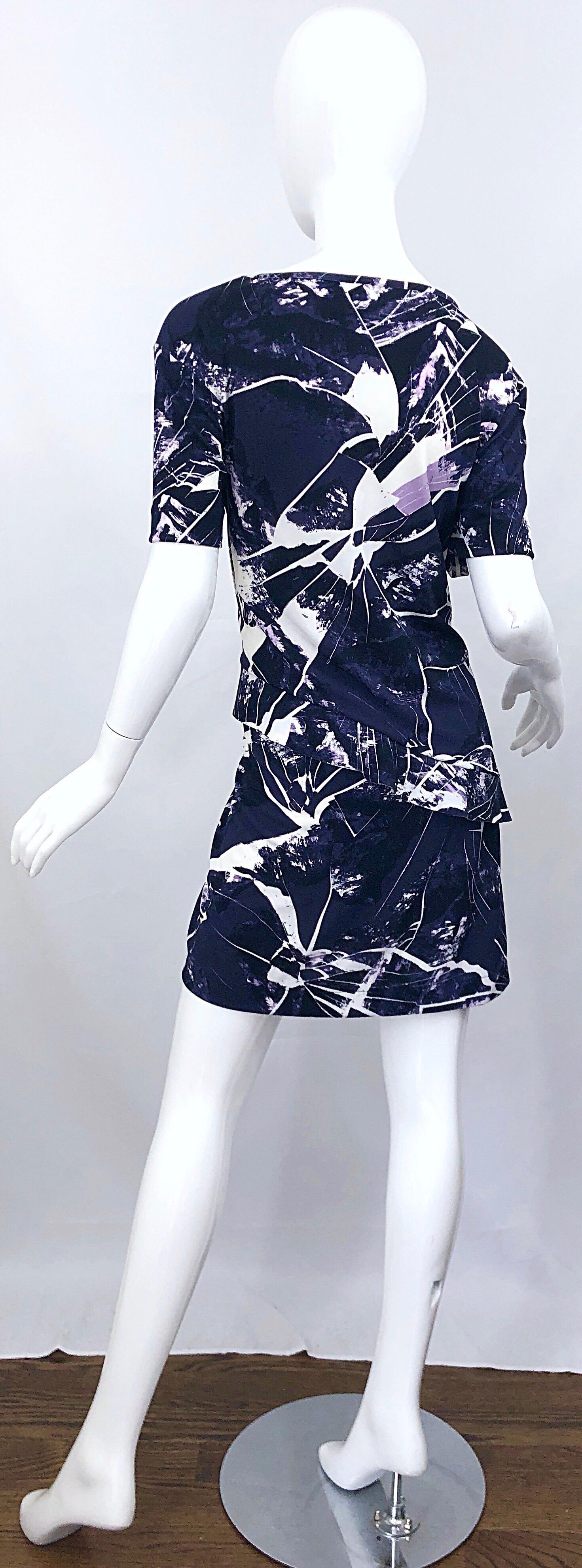 Vintage Kenzo Large Size 1990s Abstract Print Navy Blue + Purple 90s Mini Dress 6