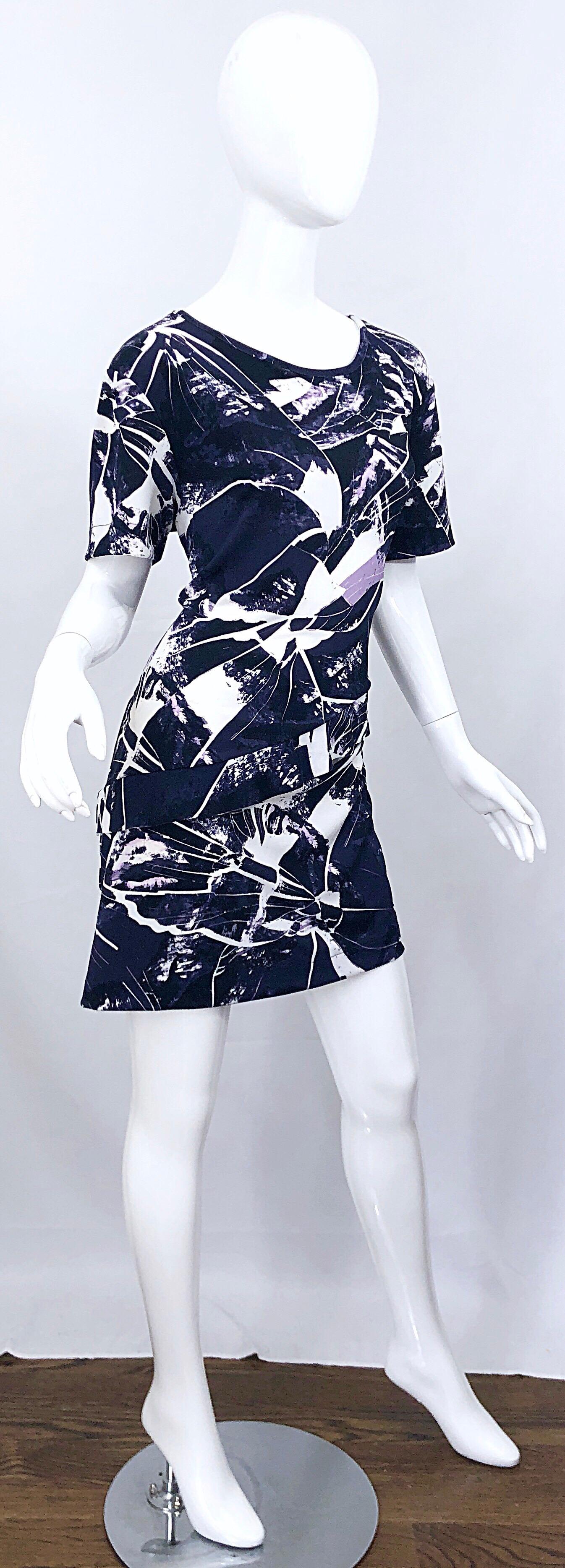 Vintage Kenzo Large Size 1990s Abstract Print Navy Blue + Purple 90s Mini Dress 7