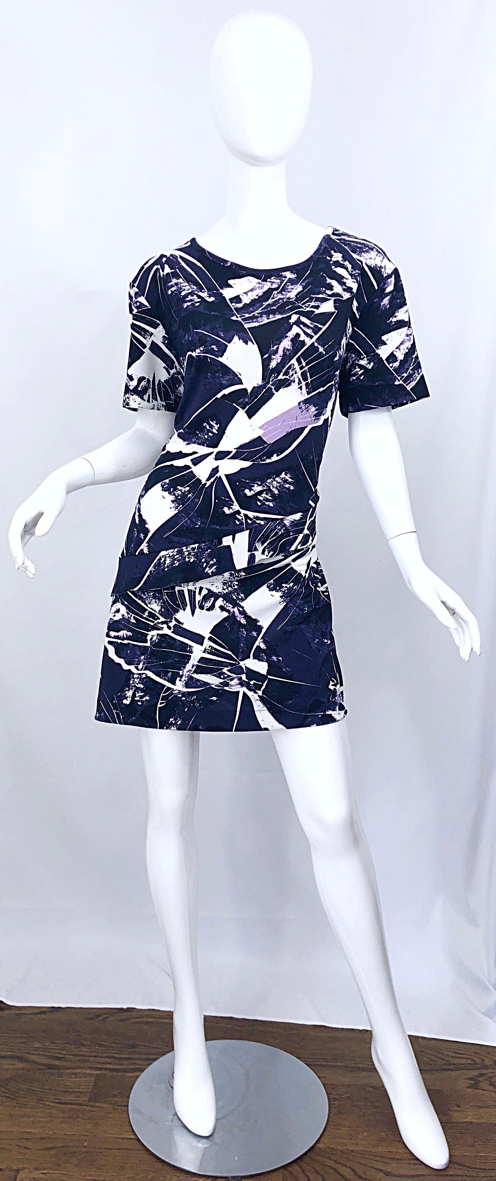 Vintage Kenzo Large Size 1990s Abstract Print Navy Blue + Purple 90s Mini Dress 9
